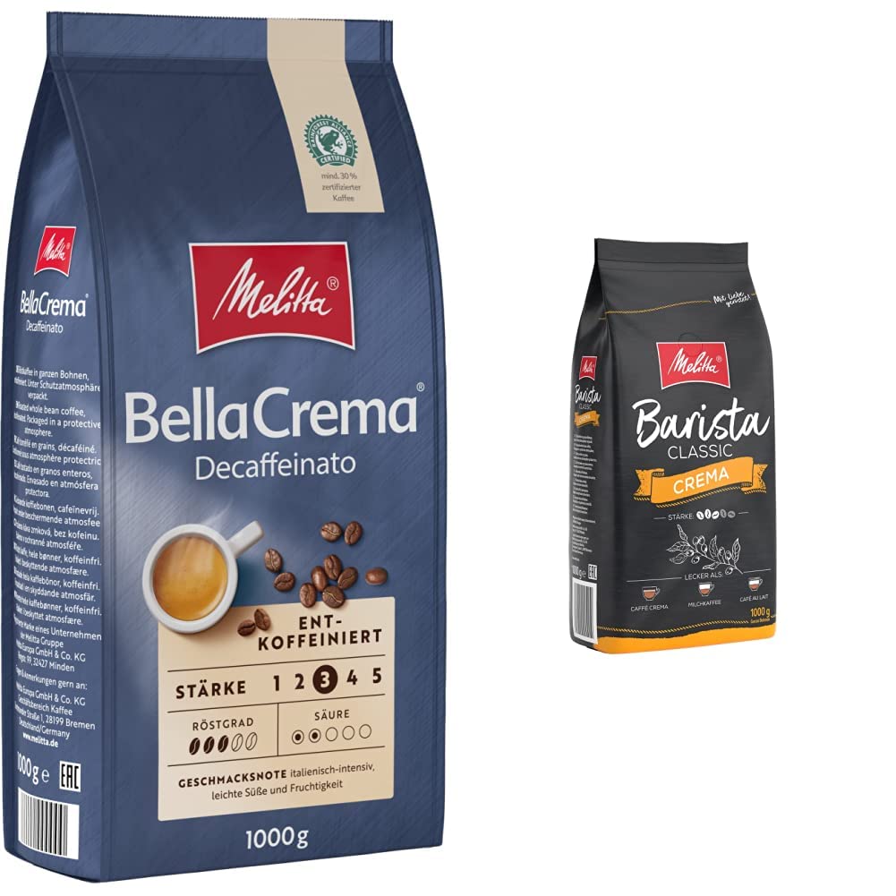 Melitta BellaCrema Decaffeinato Ganze Kaffee-Bohnen entkoffeiniert 1kg & Barista Classic Crema, Ganze Kaffee-Bohnen 1kg, ungemahlen, Kaffeebohnen für Kaffee-Vollautomat, mittlere Röstung, Stärke 3