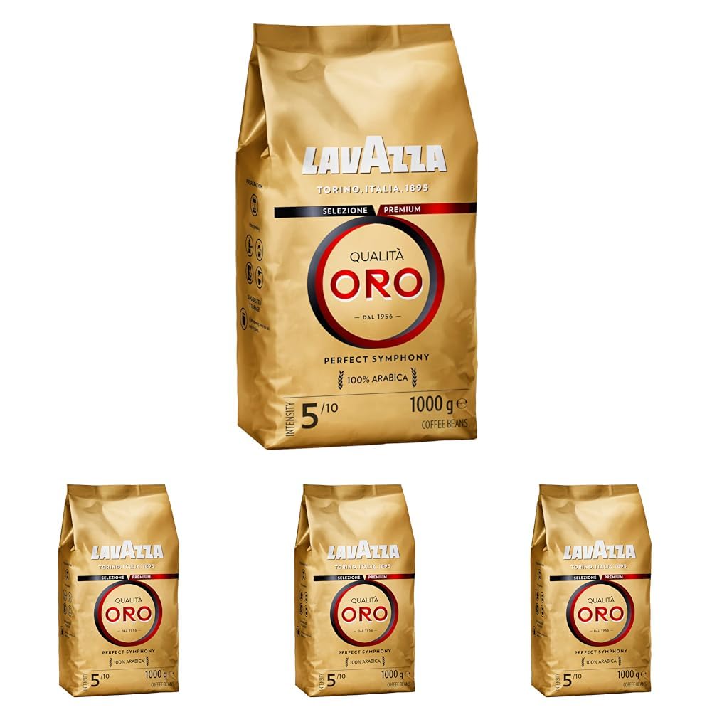 Lavazza, Qualità Oro Coffee Beans with Aroma Notes of Fruit and Flowers for a Velvety Espresso, 100% Arabica Coffee Beans, Intensity 5/10, Medium Roast, 1 kg (Pack of 4)