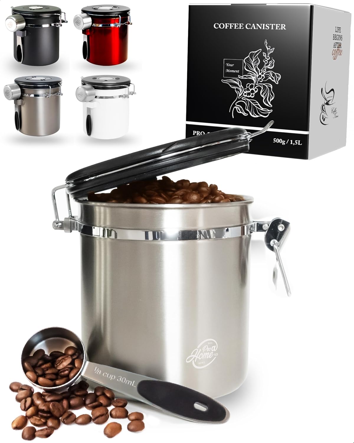 Coffee Canister Airtight 500 g - Silver - Coffee Bean Storage Container 1.5 L Made of Stainless Steel with Calendar Function, Includes Dosing Spoon, Stylishly Packed