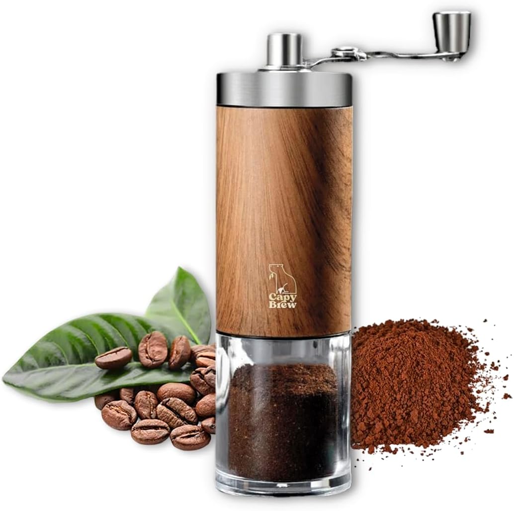 Capy Brew Manual coffee grinder with ceramic grinder and folding handle, coffee beans self-grinding for French press, mocha and espresso, lightweight, quiet and durable, non-slip wood look