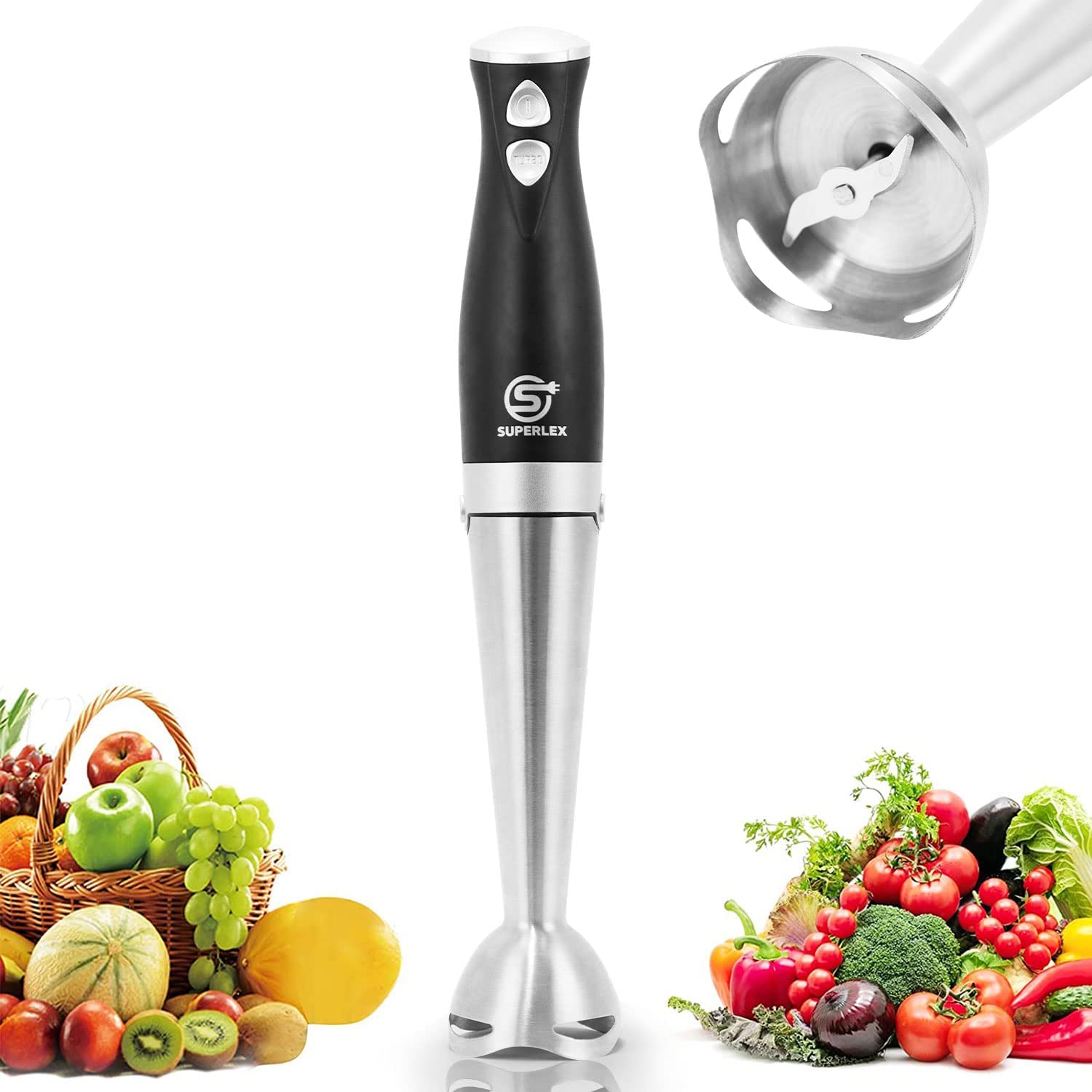 Superlex Electric Hand Blender 700 Watt, 2 Speed Levels, Turbo Button, Purée Stick, Stainless Steel Blender, for Baby Food, Soup, Smoothies, Puree, Sauce Hand Blender