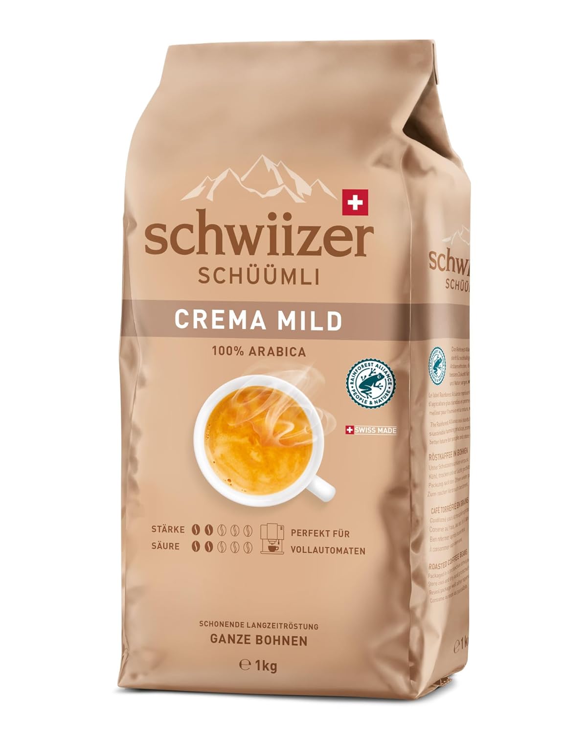 Schwiizer Schüümli Crema Mild, 100% Elegant Arabica Coffee Beans, Fruity Nutty, for Fully Automatic Machines, Strength 2/5, Light Roasting, Rainforest Alliance Certified, 1 kg