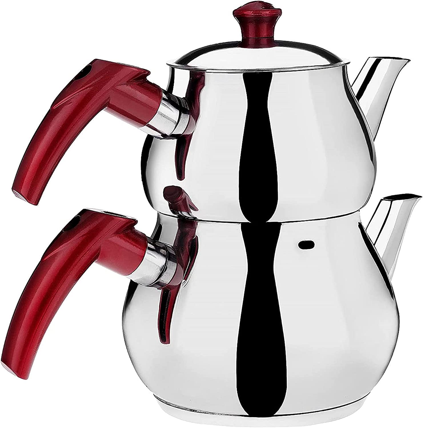 Destalya Turkish Teapot Set, Stainless Steel Double Teapots for Stove, Top Tea Maker with Handle, Samowar Style, Self-Stressed Teapot Kettle, Water Warmer, Caydanlik (Mini Red)