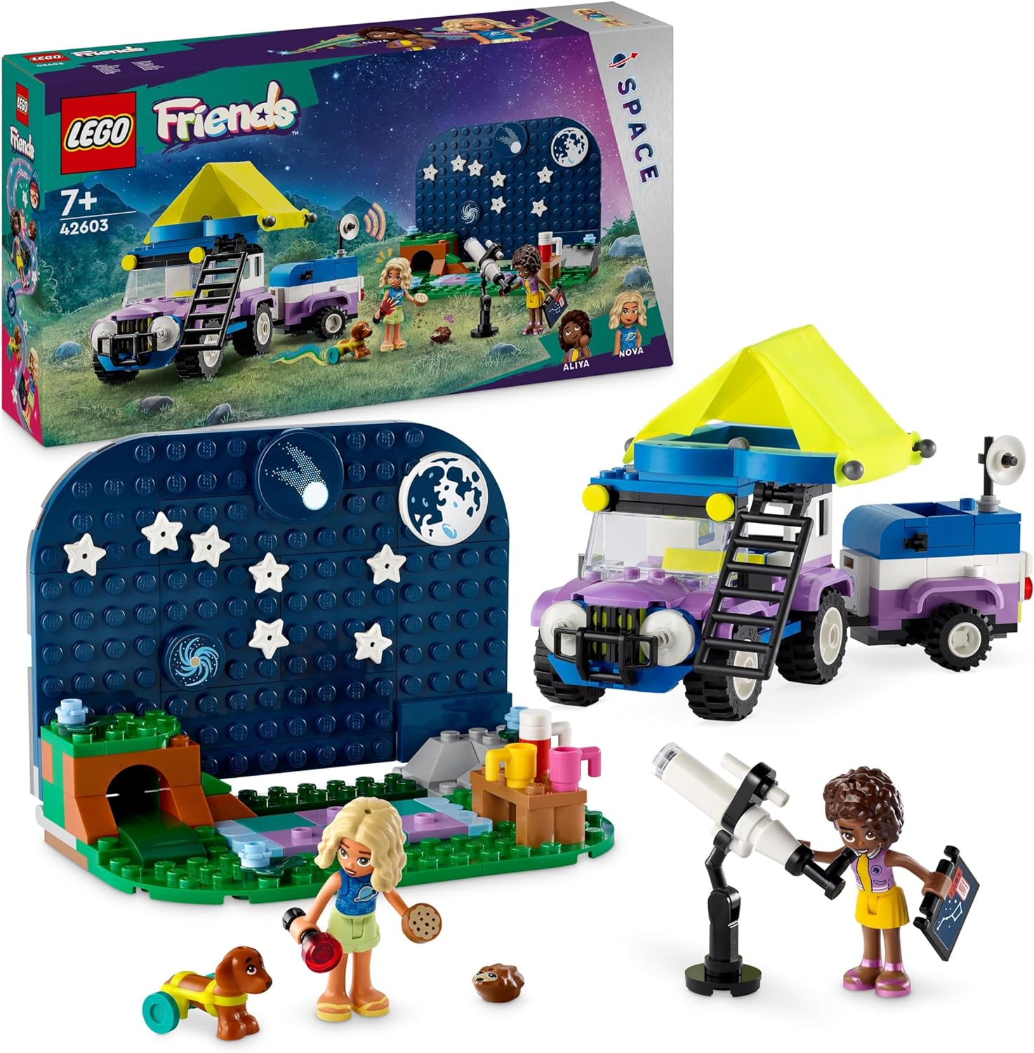 LEGO Friends Stargazer Camping Vehicle Set with Off-Road Vehicle Car and Toy Telescope, Gift from 7 Years for Girls and Boys, Includes the Toy Figures Nova, Aliya and a Dog 42603