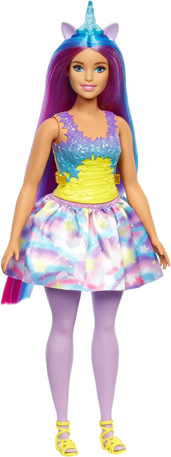 Barbie HGR20 Dreamtopia Unicorn Doll (Curve, Purple/Blue Hair) in Colourful Rainbow Look, with Removable Tail, Skirt and Headband, Toy for Children from 3 Years, ‎multicoloured