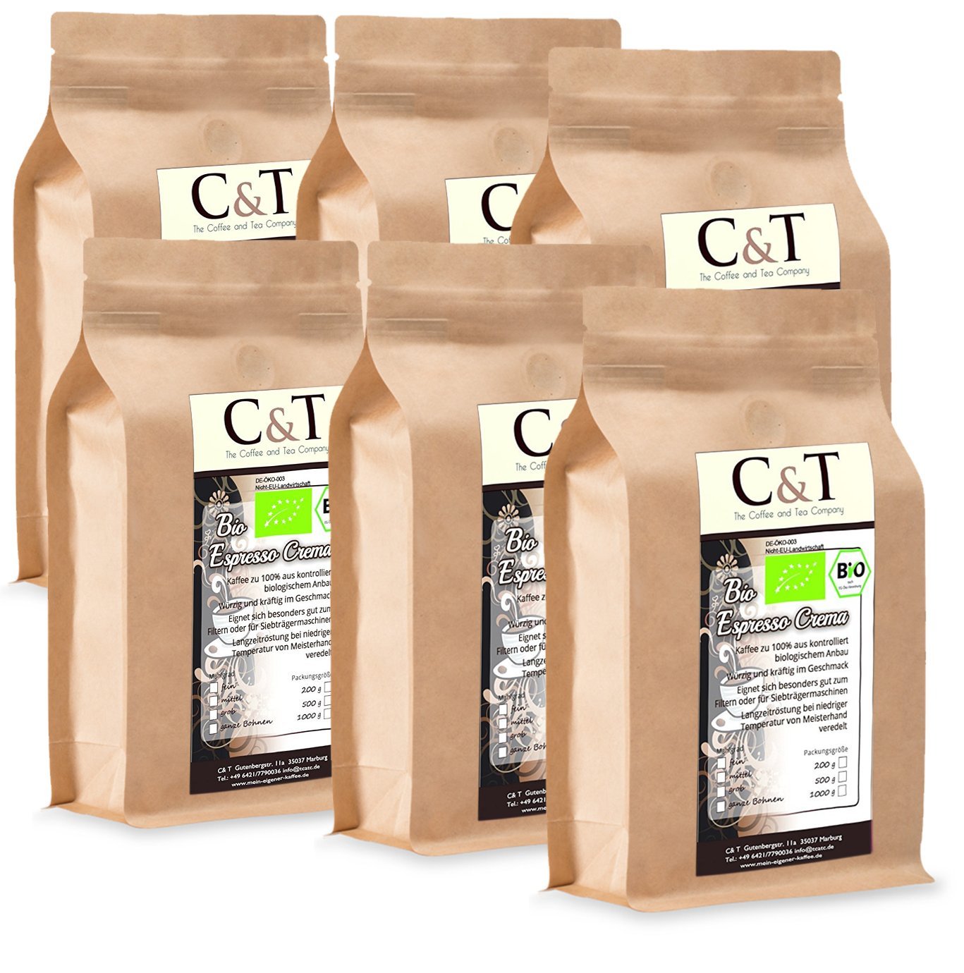 C&T Bio Espresso Crema | Cafe 6 x 500 g Whole beans Gastro-savings pack in the power paper bag coffee for portafilter, fully automatic machines, espresso maker