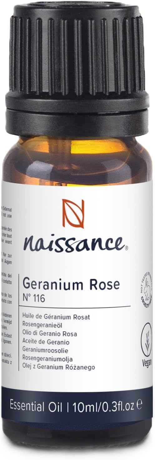 Naissance Rose Geranium 10 ml, 100% Natural Pure Rose Geranium Essential Oil, Cruelty Free, Vegan, Undiluted, for Aromatherapy, Massage Mixes and Oil Burners