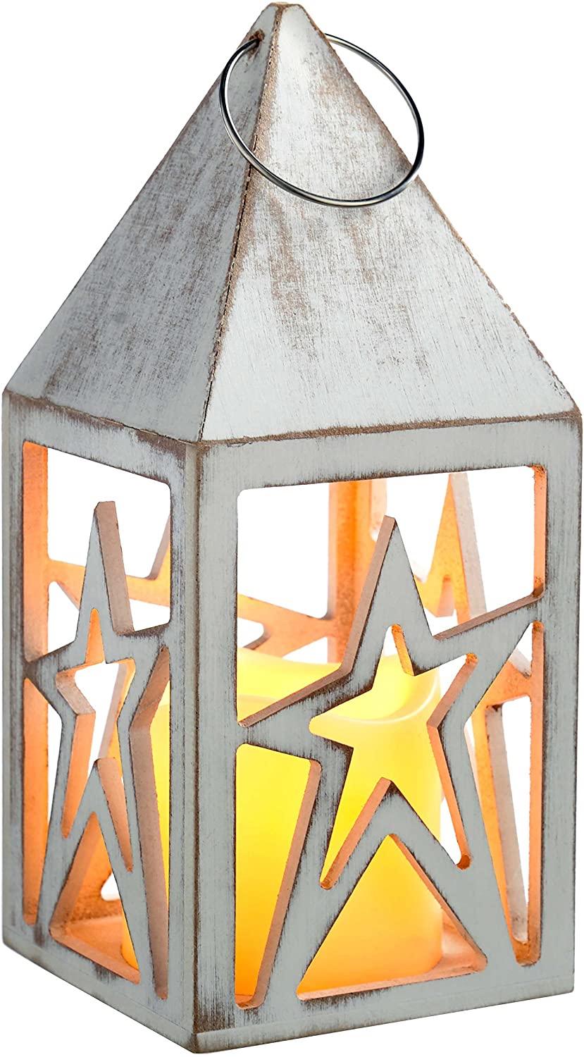 WeRChristmas 21 cm with Wood Star Lantern Christmas Decoration – Antique White