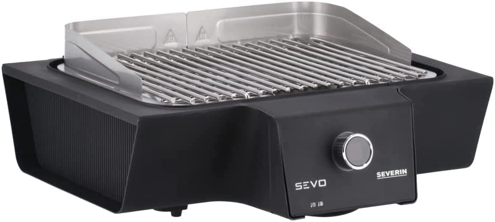 SEVERIN SEVO G PG 8104 Electric Grill for Indoor and Outdoor Use, Table Grill with Quick Grill Start up to 500 °C, Balcony Grill with Slow Cooking Option, Stainless Steel/Black