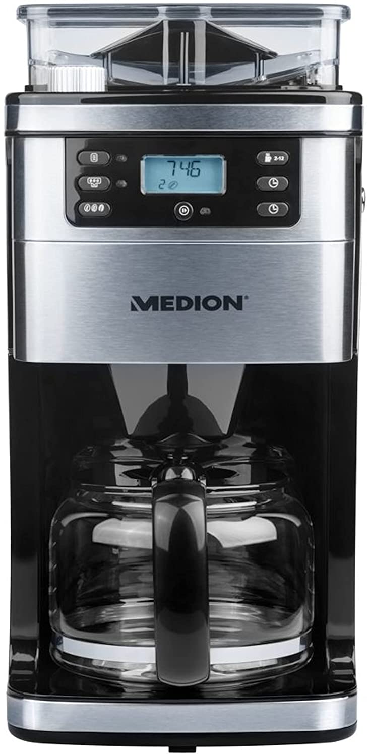 MEDION MD15486 Coffee Machine with Grinder and Glass Jug, 1.5 Litres, 8 Grinding Levels, Max. 1050 Watt, Stainless Steel