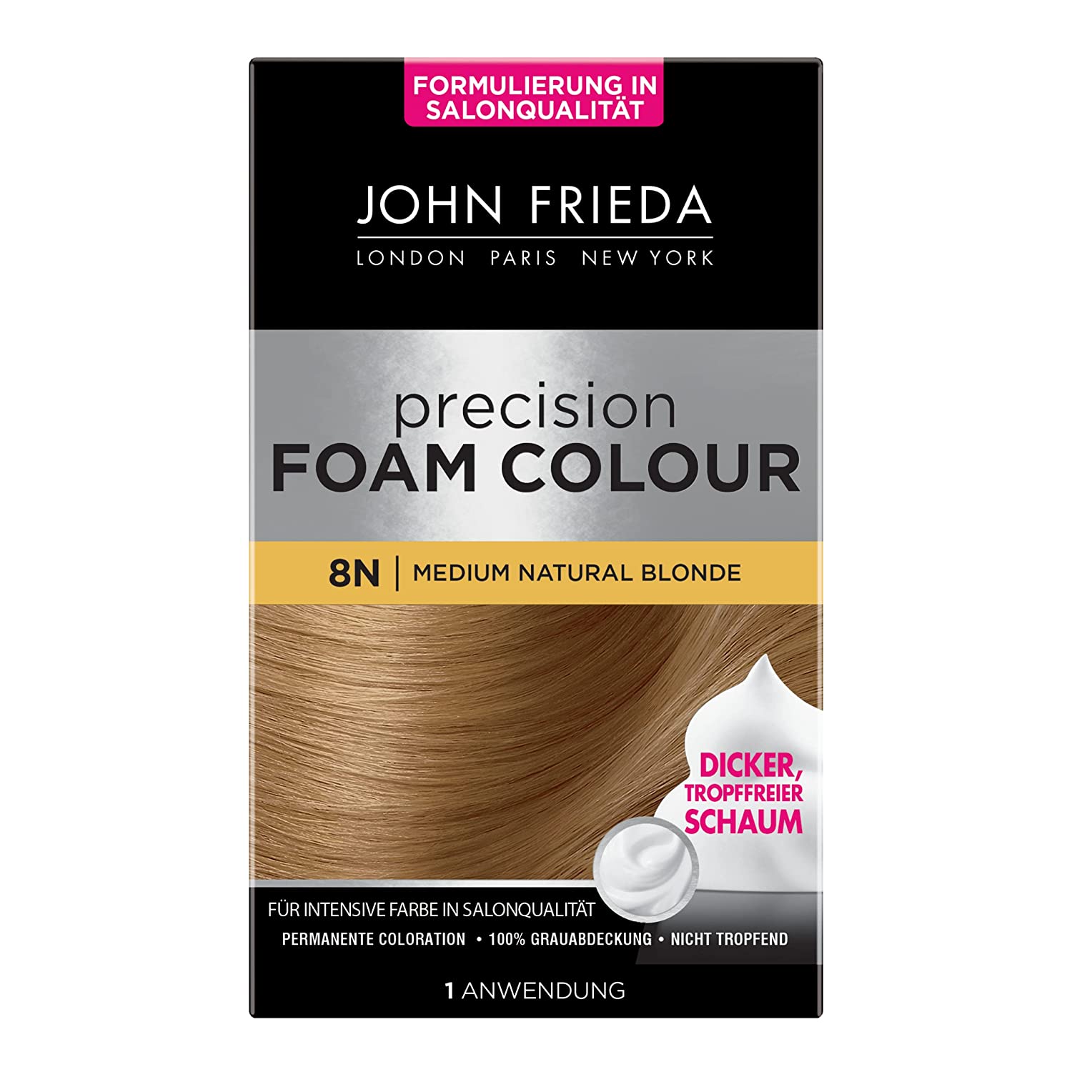 John Frieda Precision Foam Colour - Colour: 8N Medium Natural Blonde - Medium Blonde - Permanent Foam Colouration - Perfect, Even Coverage - For 1 Application, ‎yellow