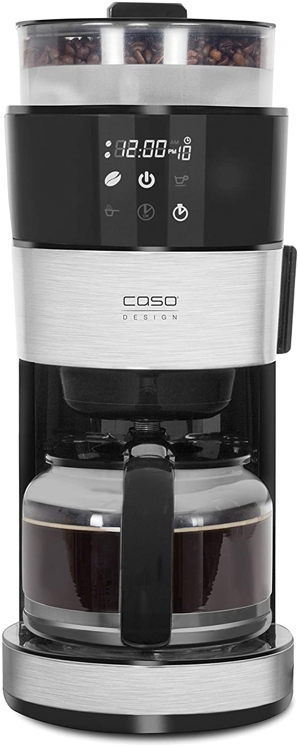 Caso 1856 Grande Aroma 100 Design Coffee Machine, 10 Cups Coffee Machine with Cone Grinder, 1000, 1.4 Litres, Stainless Steel, Black