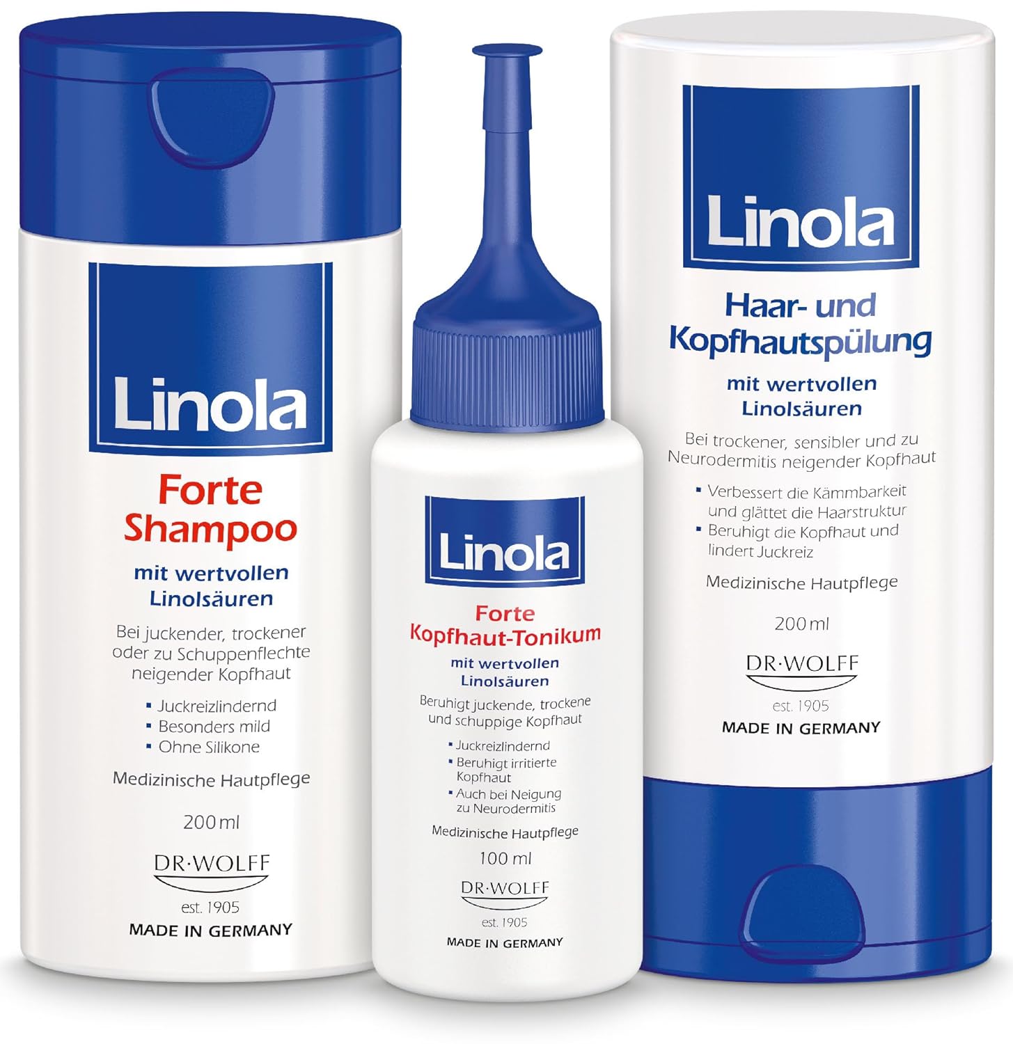 Linola Forte Shampoo + Hair and Scalp Conditioner + Forte Scalp Tonic - 200 ml, 200 ml, 100 ml | Scalp Care Set for Itchy, Dry and Flaky Scalp