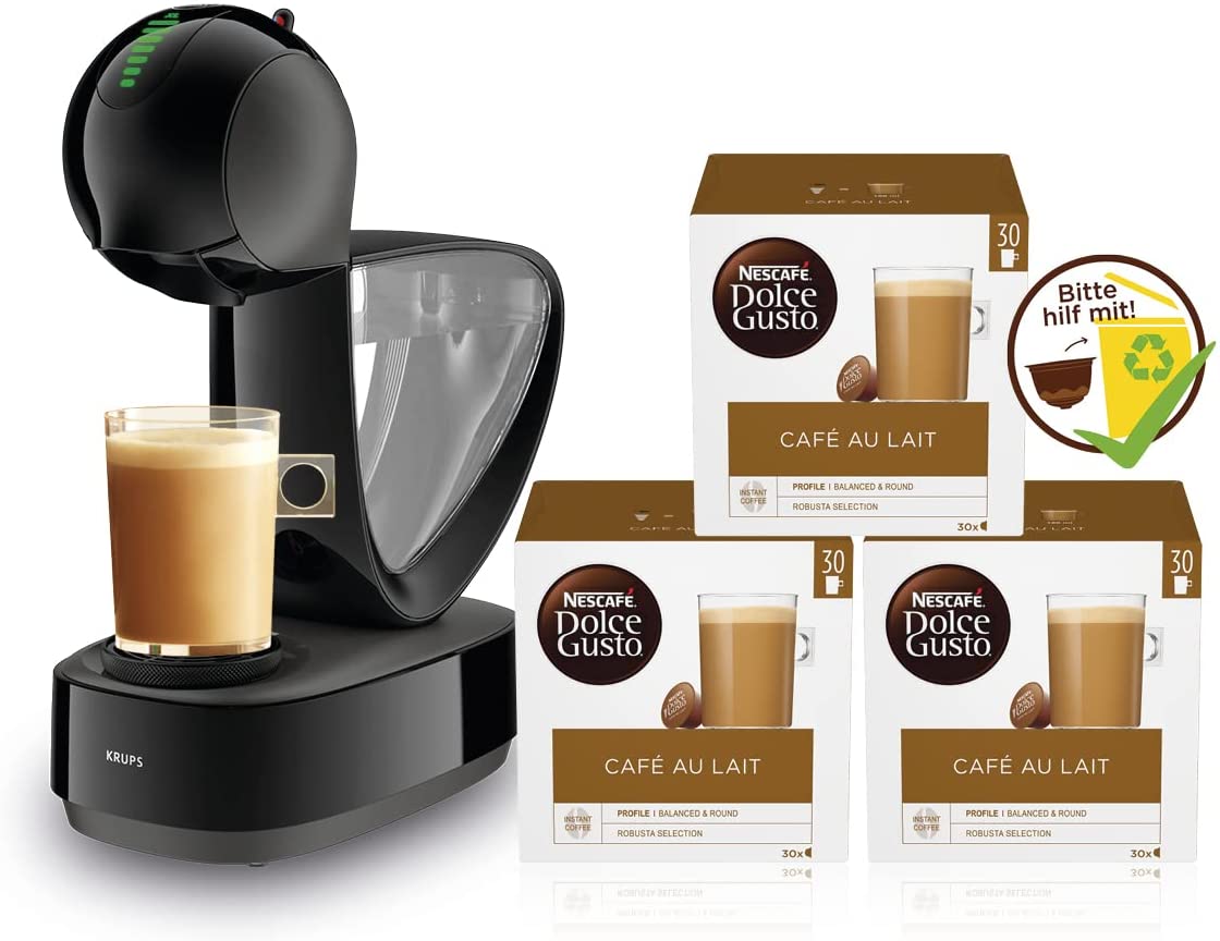 Krups NESCAFÉ Dolce Gusto Infinissima Touch KP2708 | Coffee Capsule Machine with Touch Display | Black + NESCAFÉ Dolce Gusto Café au Lait | XXL Storage Box | 90 Coffee Capsules Pack of 3 (3 x 30 Capsules)