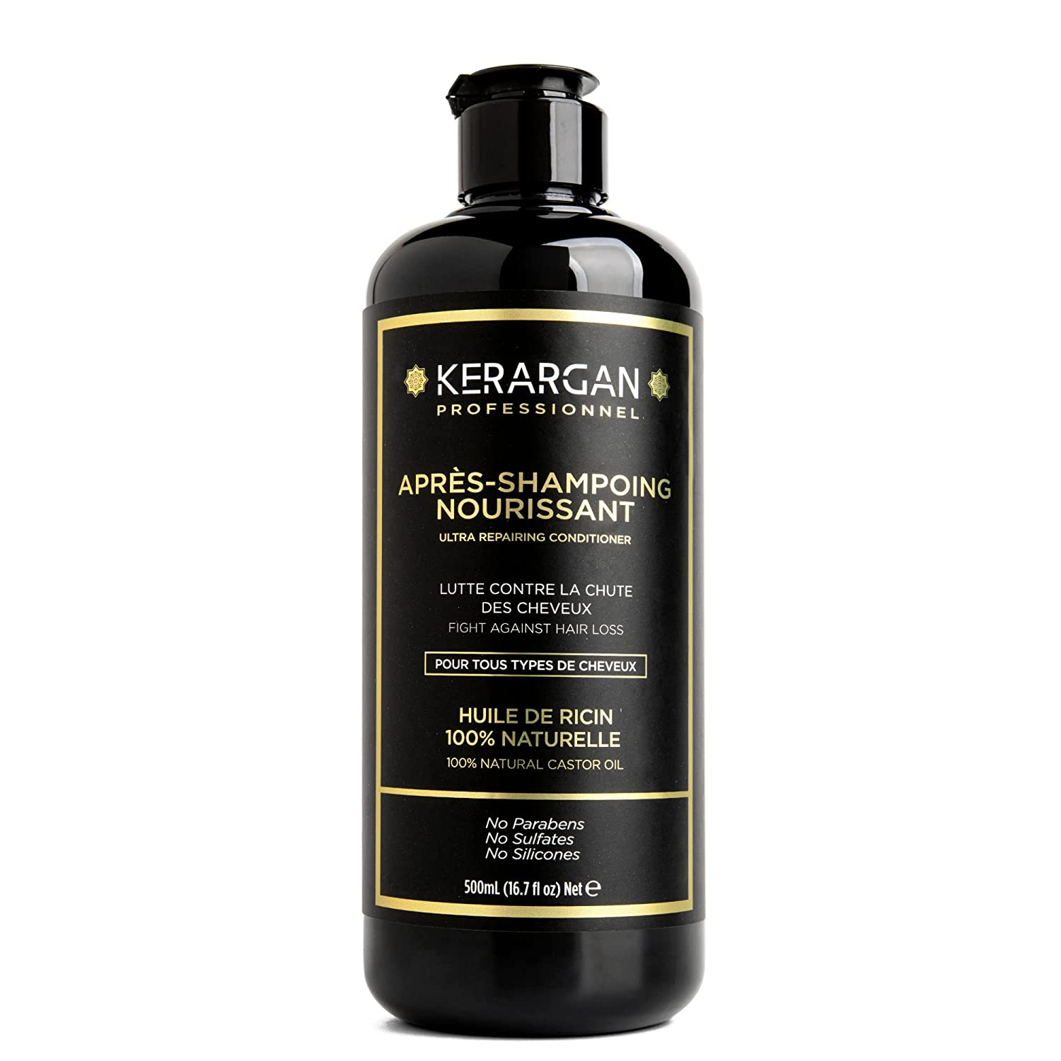 Kerargan - Conditioner with castor, argan and chamomile oil to nourish and regenerate your hair fibres while beautifying them - Sulphate, Paraben and Silicone Free - 500ml, ‎black