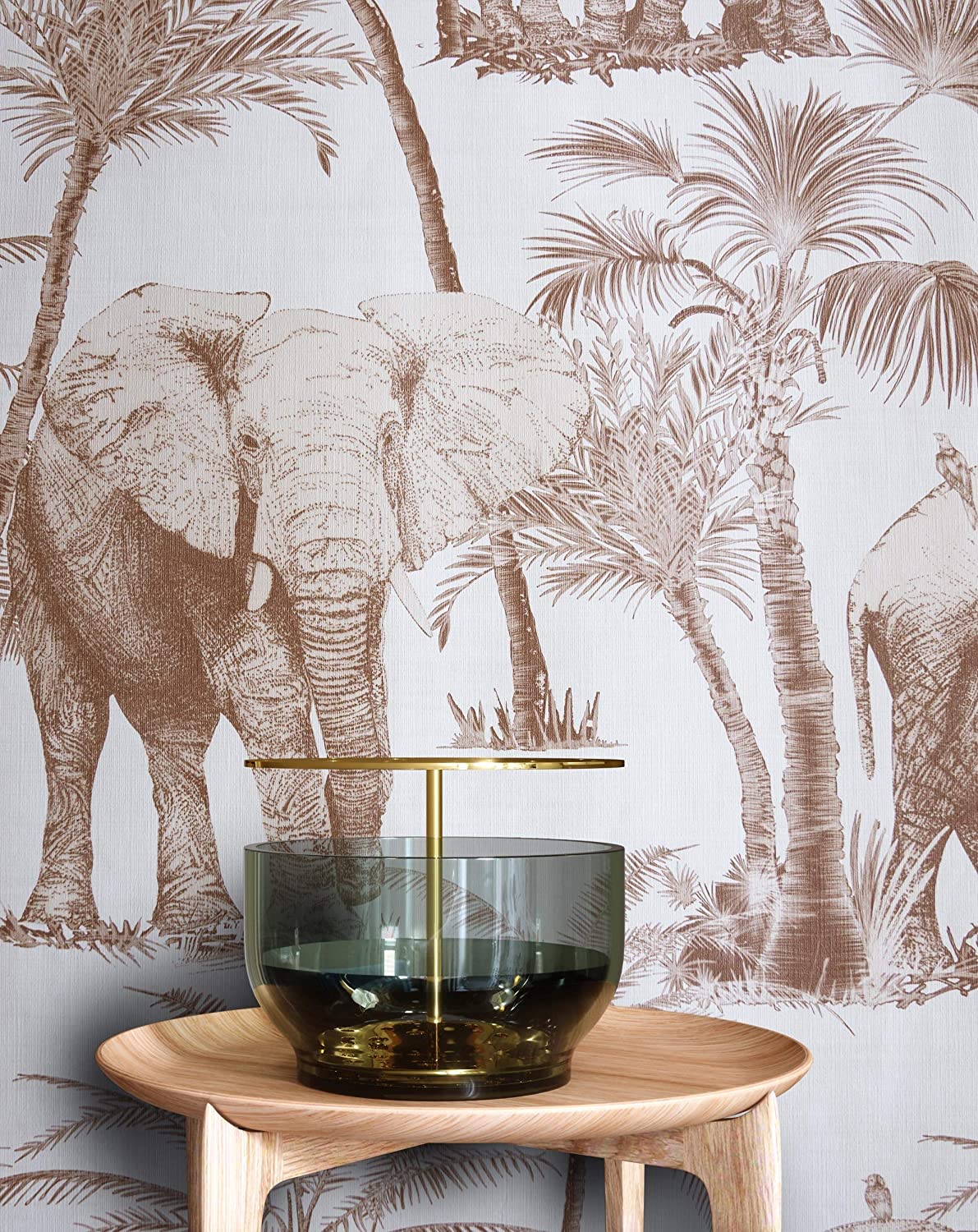 Newroom Design Newroom Tropical Palm Elephant Red Non-Woven Wallpaper, Modern Patterned Wa
