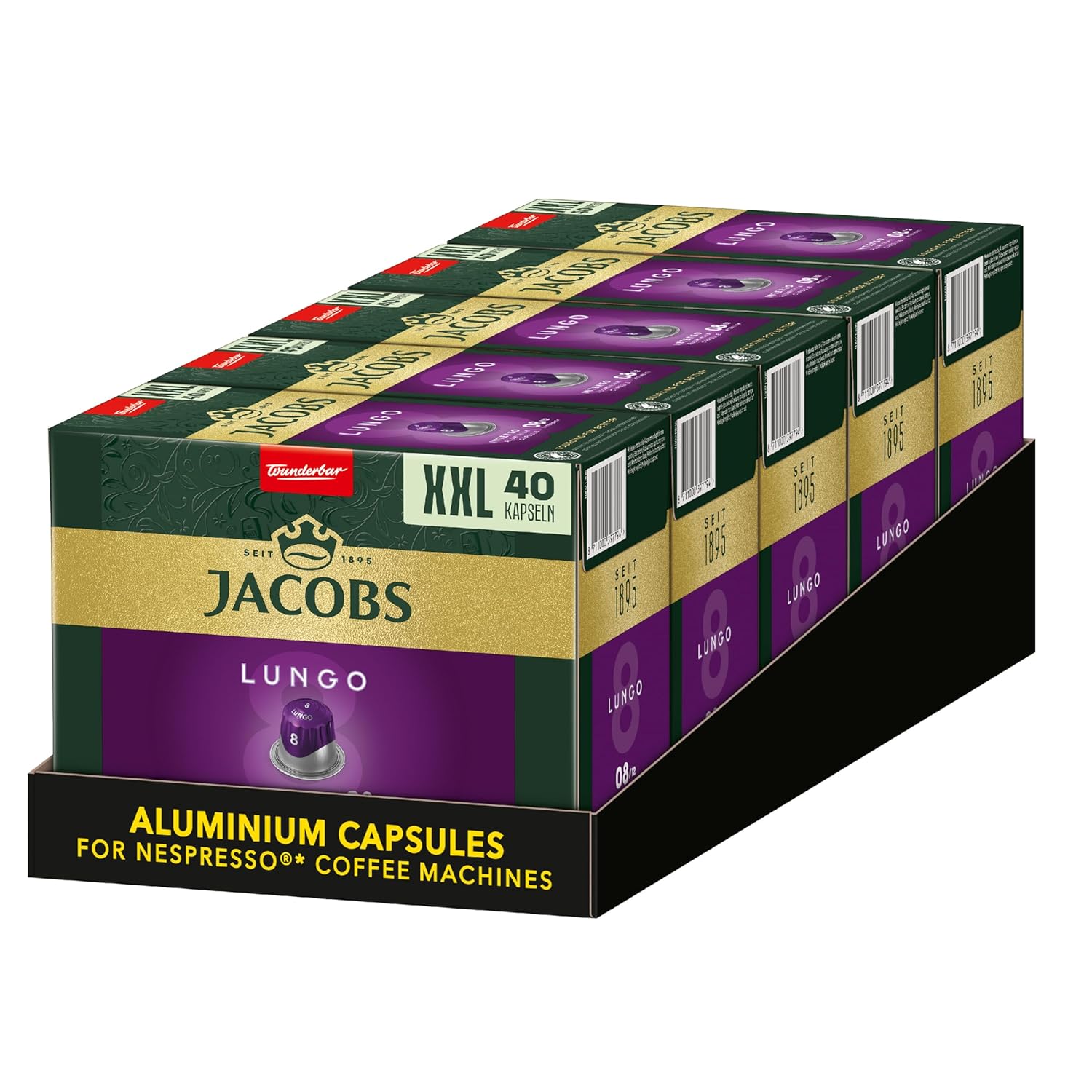Jacobs Lungo Intenso 8 Coffee Capsules, Nespresso* Compatible Capsules, Intensity 8/12, Intense and Savory Notes, Pack of 200 (5 x 40 Drinks)