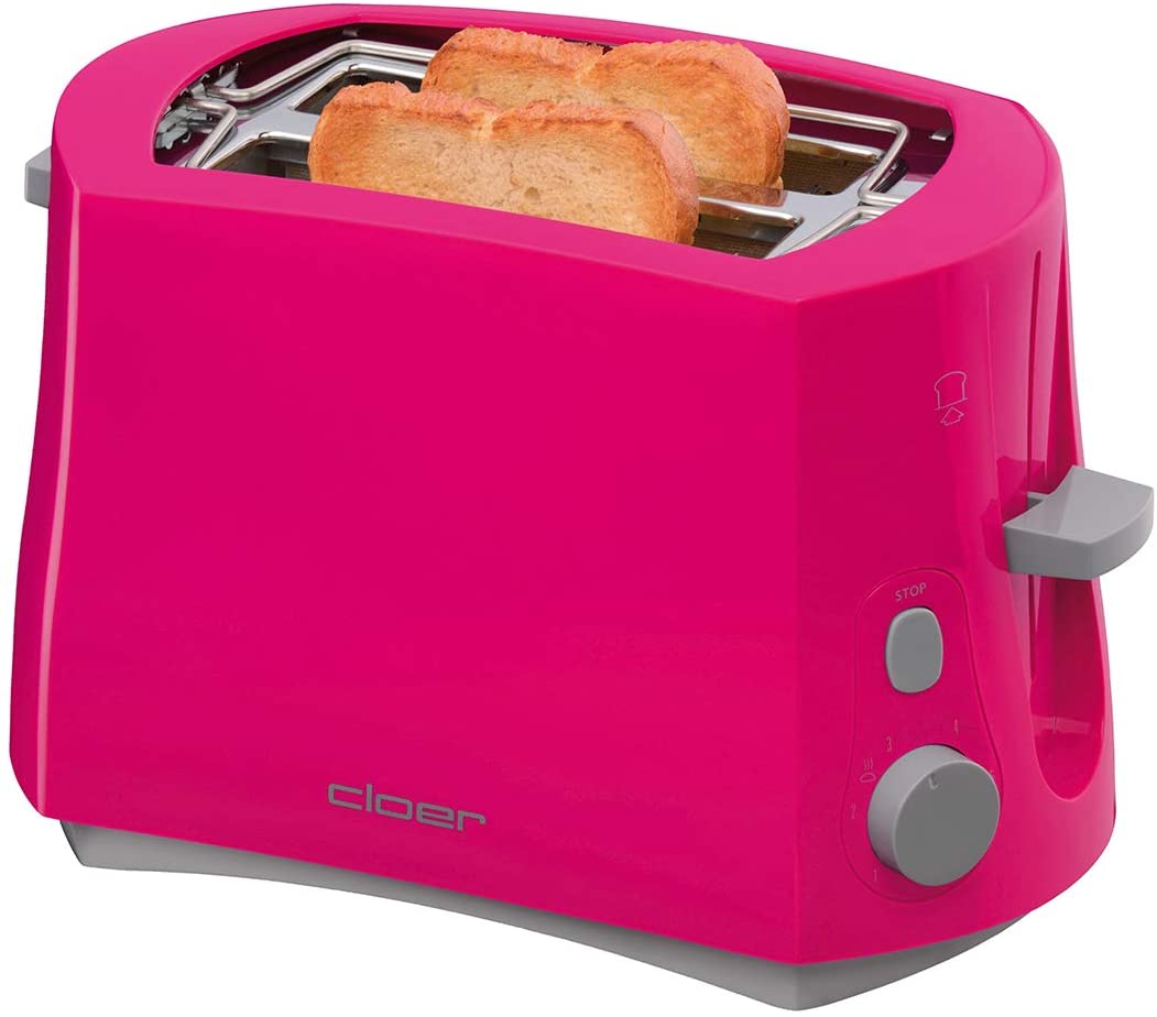 Cloer 3317-1 825W Cool Wall Toaster for 2 Slices of Toast, Integrated Bun Attachment, Crumb Drawer, Rewing Device, Pink, Plastic