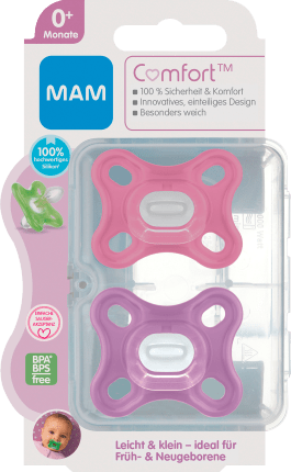 MAM Pacifier Comfort Silicone, pink/purple, from birth, 2 pcs