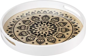 Decorate & furnish wooden tray with glass insert & pattern, white-natural-black, 1 piece