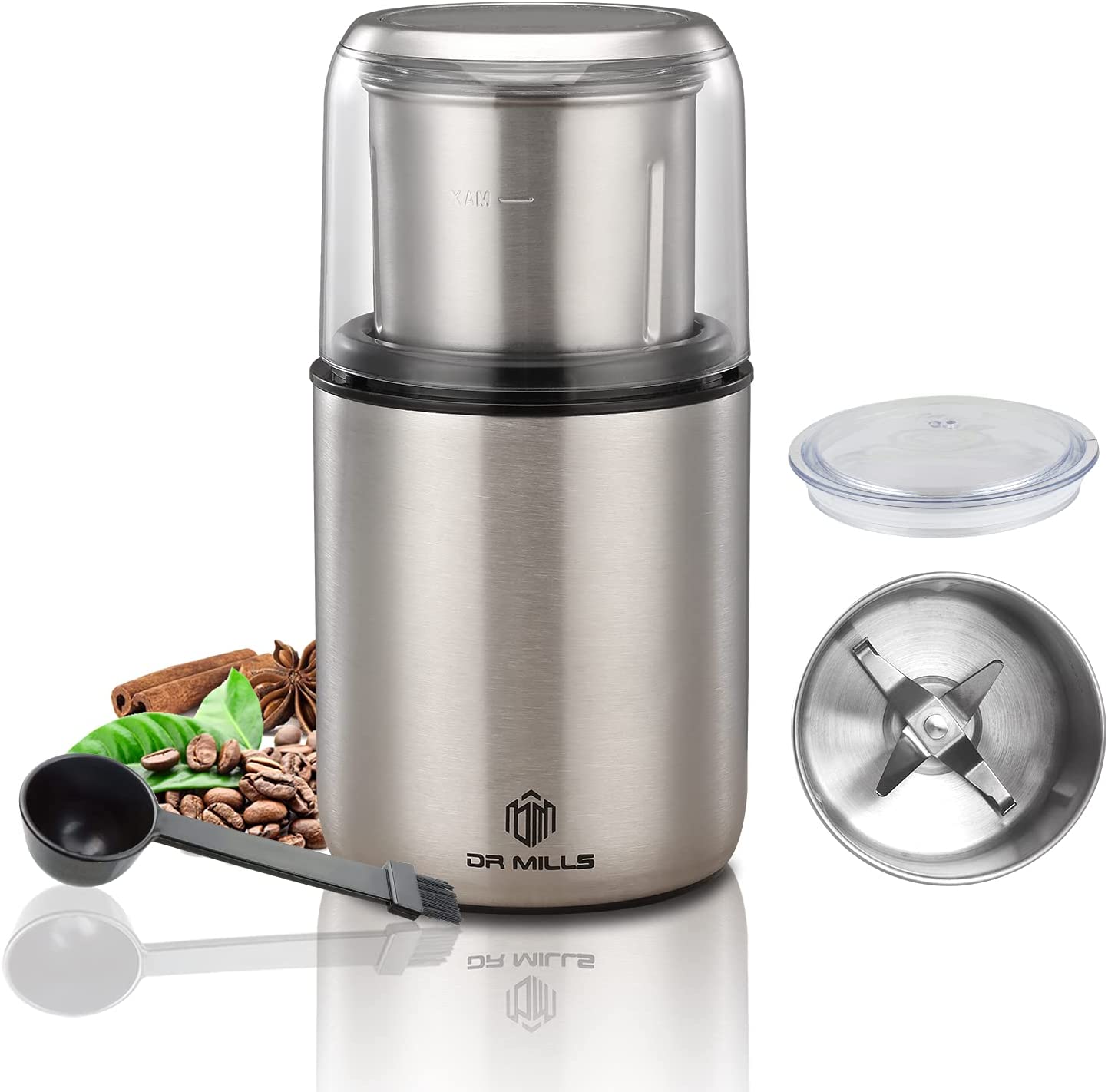 DR MILLS DM-7452 electric spice and coffee grinder, mill and chopper knife, removable cup, wash-free knife and wash-free cup are made of SUS304 stainless steel