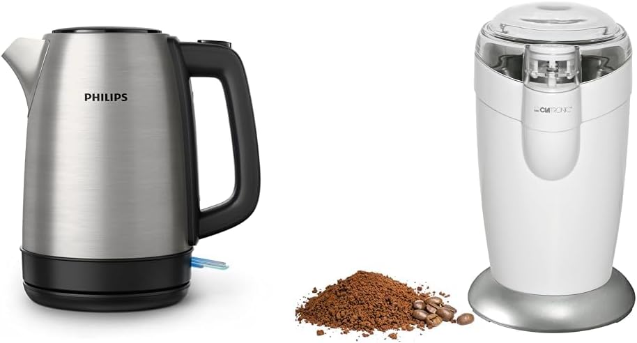 Philips Daily Collection KSW 3306 Metal Kettle Spring Lid & Clatronic® Electric Coffee Grinder, Coffee Grinder with Stainless Steel Impact Blade, Capacity 40 g, 120 Watt Motor, White Stainless Steel