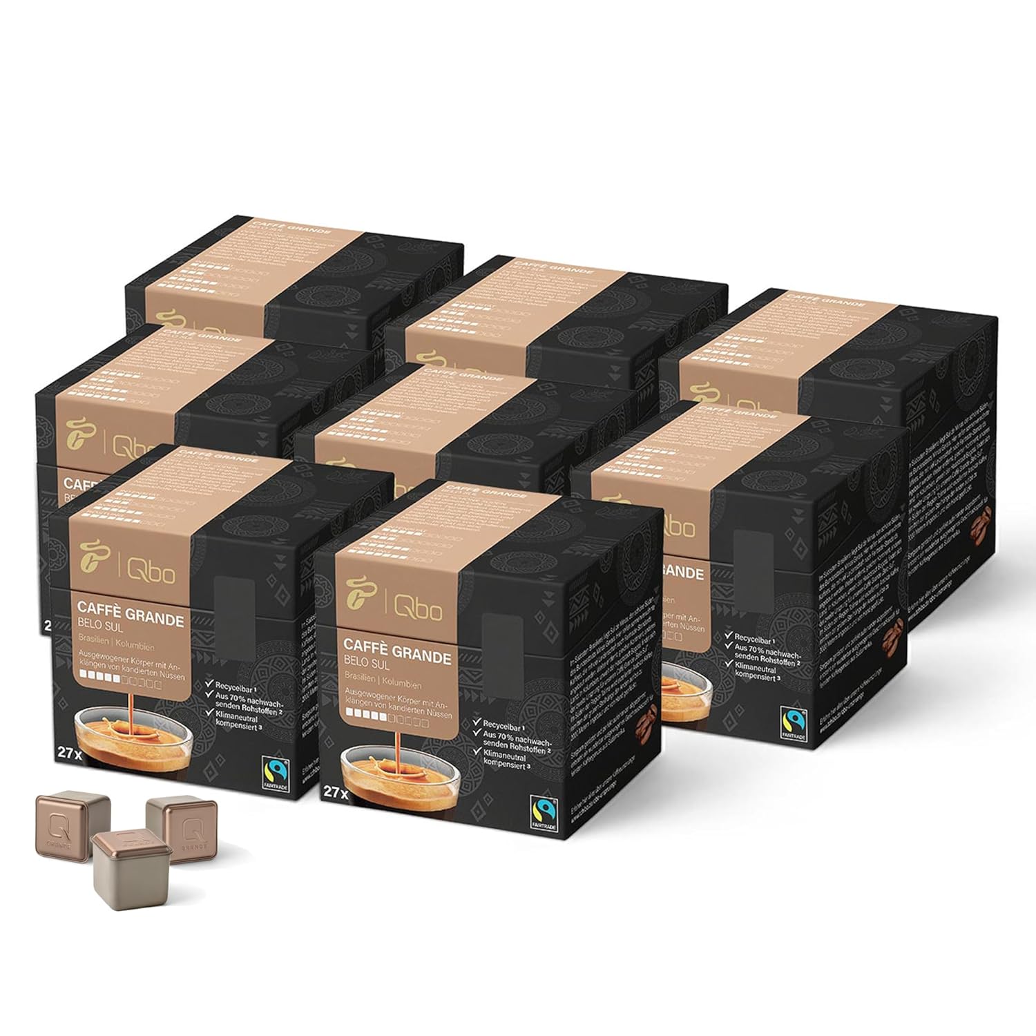 Tchibo Qbo Caffè Grande Belo Sul Premium Coffee Capsules, Pack of 216 - 8 x 27 Capsules (Caffè Grande, Intensity 5/10, Balanced and Nutty), Sustainable, Made from 70% Renewable Raw Materials