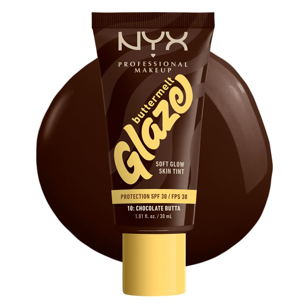 NYX Professional Makeup Foundation for all skin types, with shea butter, mango butter and niacinamide, SPF 30 against UVA and UVB rays, buttermelt glaze, 10 chocolate butta