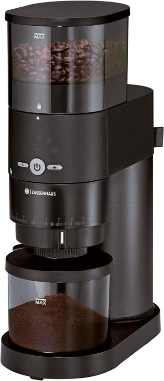Zassenhaus Expert Electric Coffee Grinder with Cone Grinder Made of Hardened Steel, Black, Grinding Level in 10 Levels, Aroma Protection Lid and Collection Container, Quiet Coffee Grinder Electric