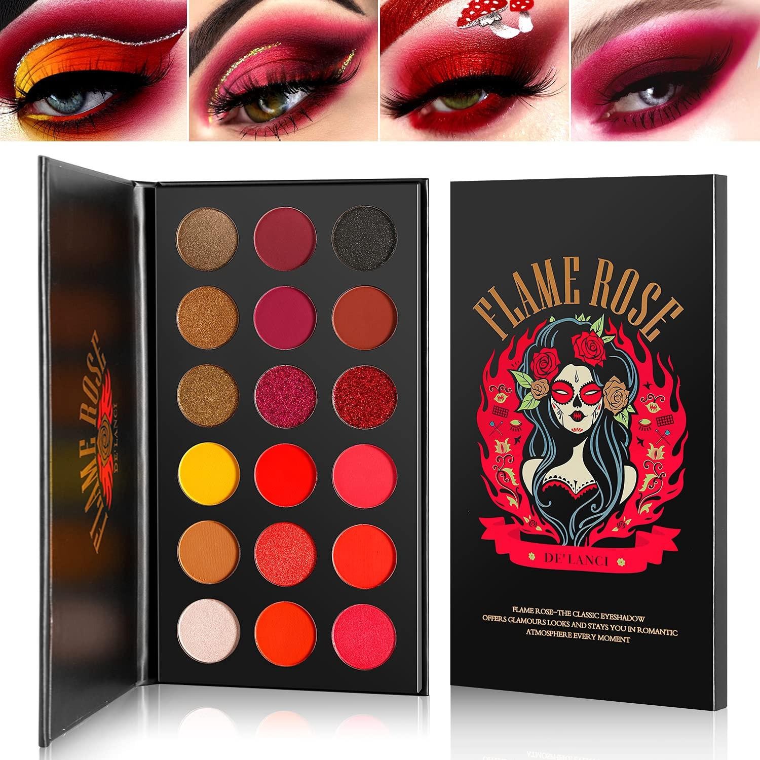 afflano Rote Lidschatten Palette Hochpigmentiert,AFFLANO Lang Anhaltender Echter Red Eyeshadow Palette Halloween Make up 18 Farben,Wasserdicht Matt Braun Schwarz Gelb Sonnenuntergang Warme Herbstaugenschatten, ‎echter roter