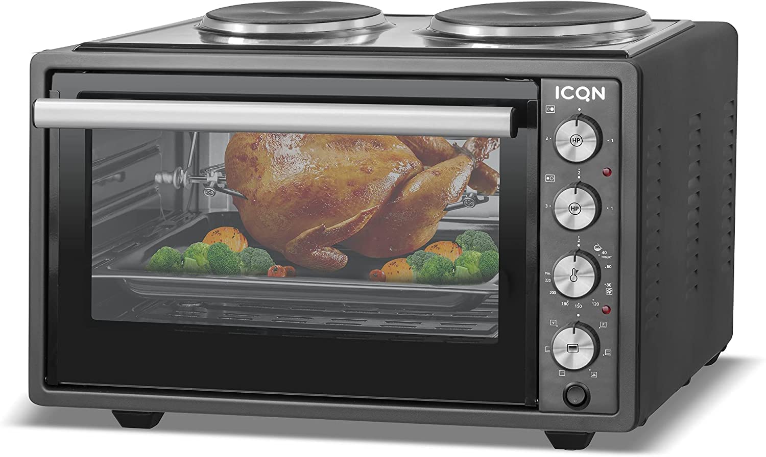 Icqn Mini Fan Oven, Pizza Oven, Mini Oven, Interior Lighting, Double Glazing, Timer Function, Enamelled, charcoal