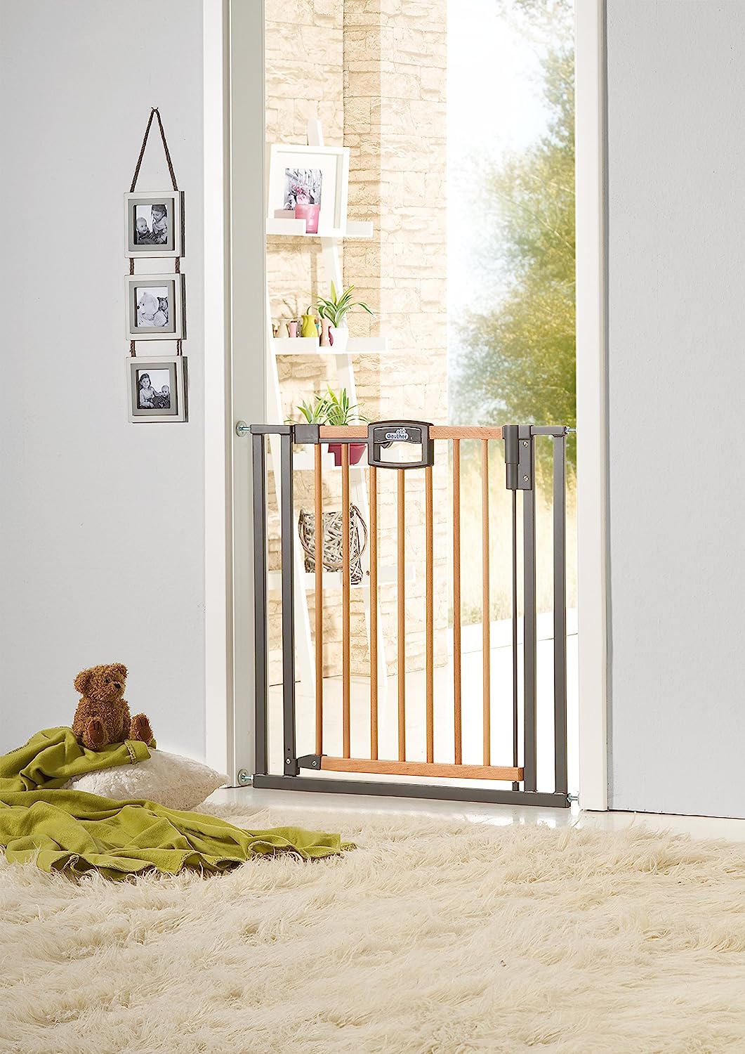 Geuther - Easylock + Door Safety Gate / Easylock Wood+, for Children, Dogs and Cats, No Drilling, Convertible into Stair Gate, Metal or Wood/Metal, White/Silver or Natural/Silver