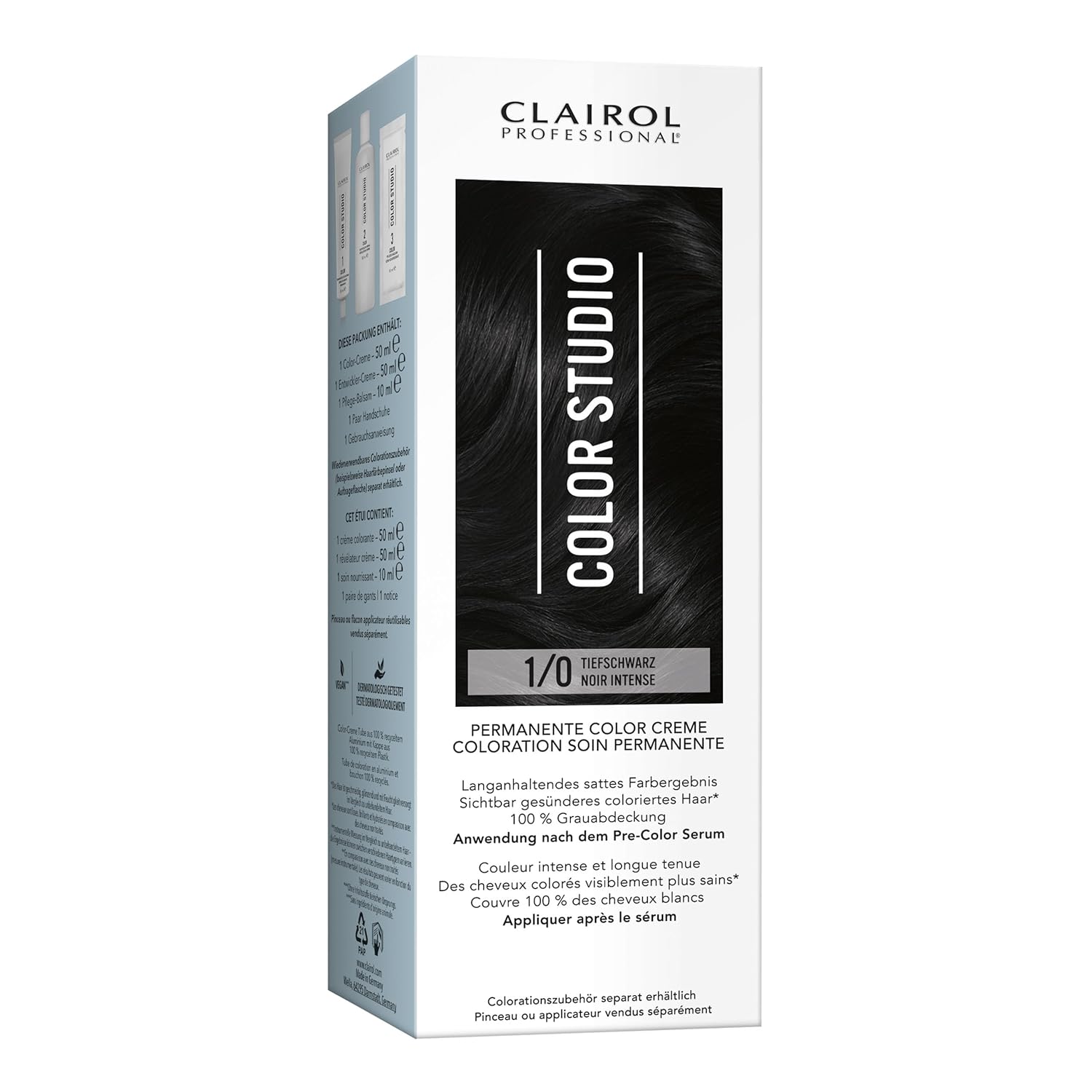 Clairol Professional Color Studio Permanent Hair Color Jet Black 1/0 (110ml) - With Metal Purifier for 6x Less Breakage, 10 Weeks Rich Color Result & 100% Gray Coverage - Includes Hair Treatment