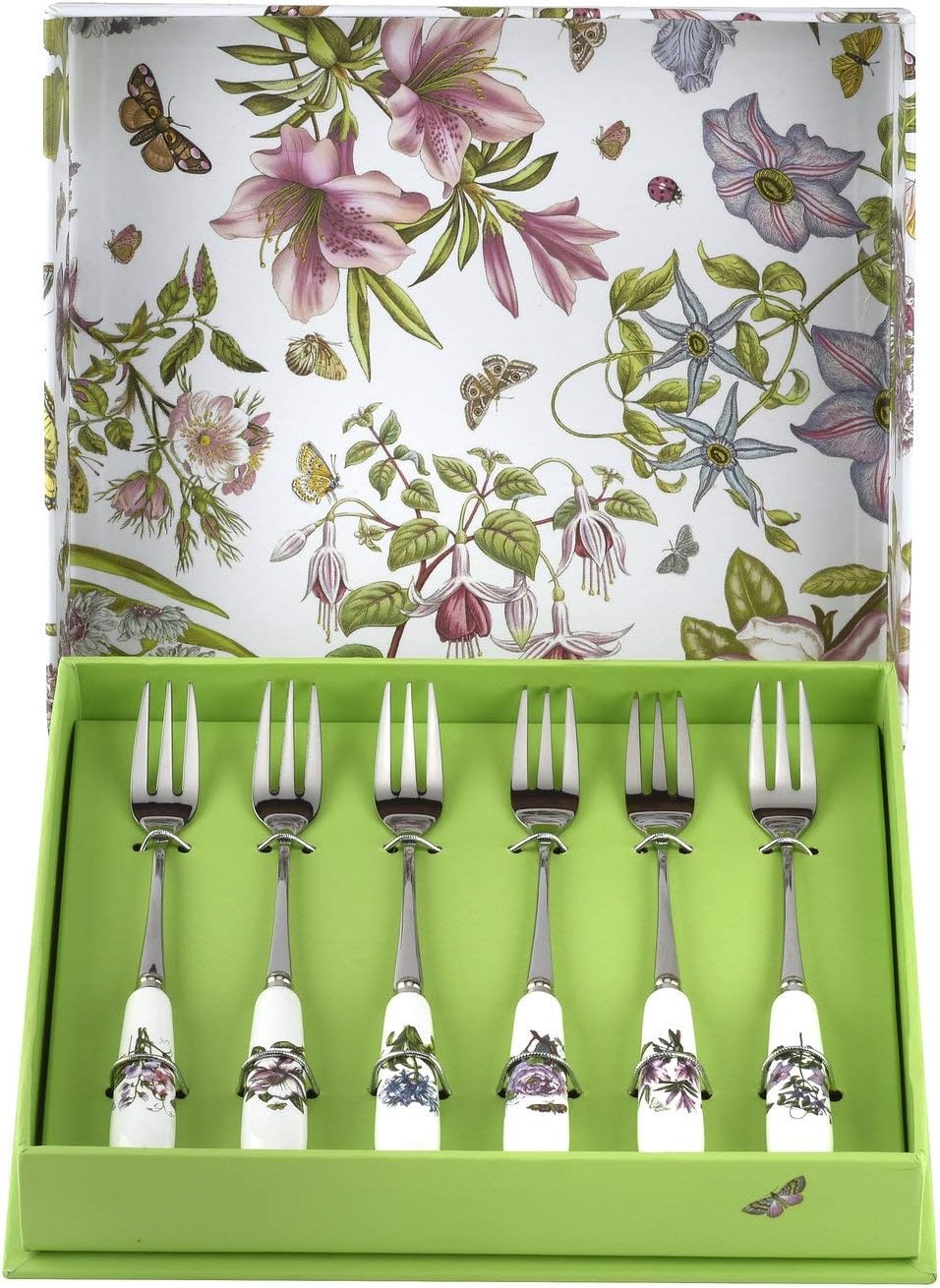 Portmeirion Botanic Garden 6" Assorted Floral Cake Forks, Stainless Steel and Porcelain, Chip Resistant Glaze, Ideal for Sunday Brunch or Afternoon Tea, Pack of 6
