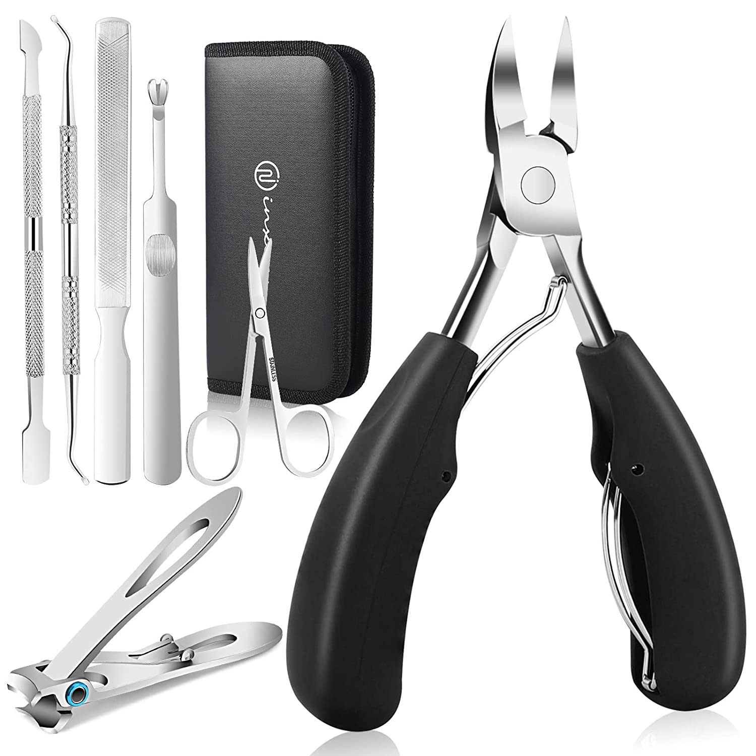 INXEN Pack of 7 Professional Toenail Nail Clippers, Super Sharp Nail Clippers for Thickness and Ingrown Hard Toenails, Stainless Steel Pedicure Clippers, Nail File, Soft Grip Nail Scissors Set, Black, ‎black