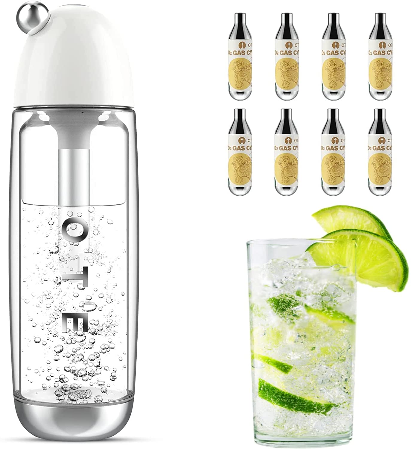 OTE Portable Water Carbonator with 8 CO2 Cylinders, Easy Water Carbonator Set, Value Pack, BPA-Free PET Bottle 450 ml, Protable Sparkling Water Maker for Home, Bar, Gym, Office & Outdoor Use, ‎white