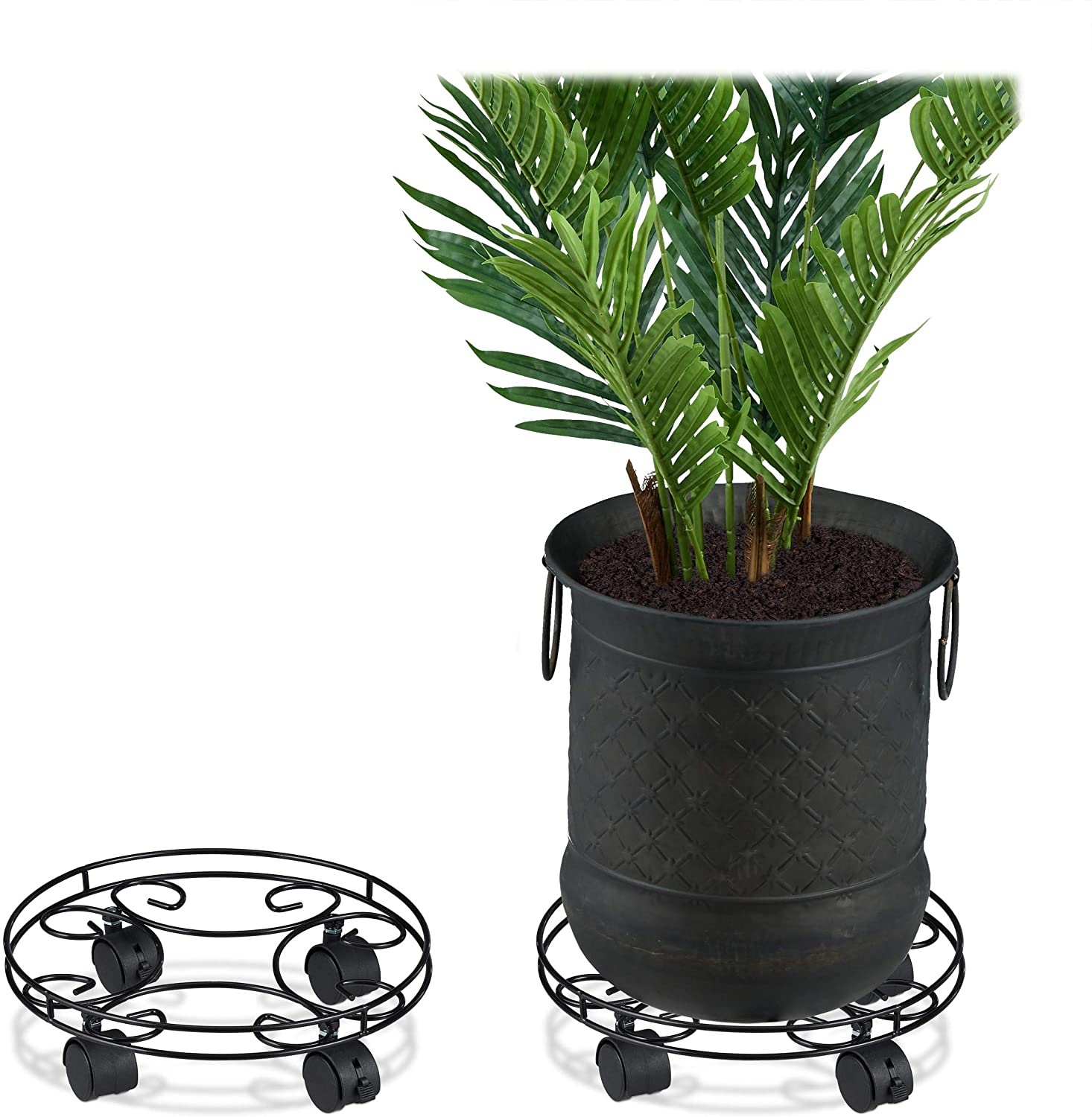 Relaxdays Plant Roller, Set Of 2, Round, Indoor & Outdoor Brake, Rolling Co