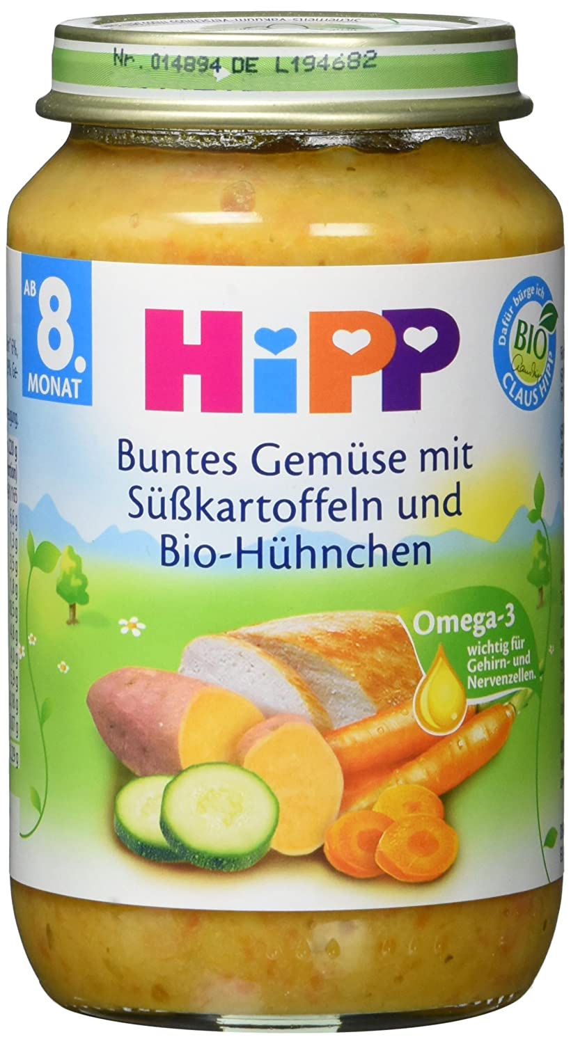 Hipp Buntes Gemüse mit Süßkartoffeln und Bio-Hühnchen, 6er Pack (6 x 220 g) - Bio