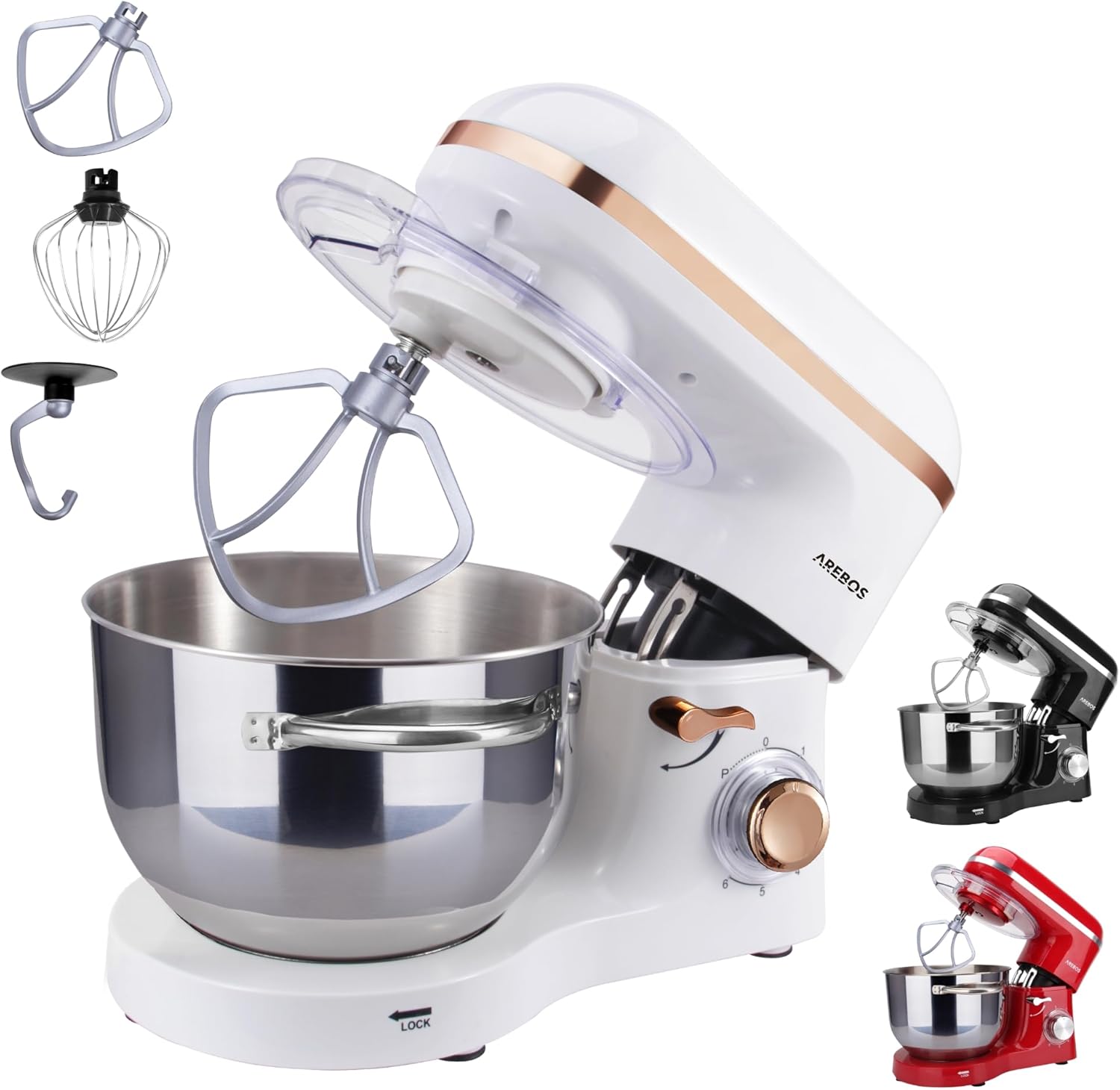 Arebos Stand Mixer 1500 W with 6 L stainless steel mixing bowl, incl. whisk, dough hook, flat beater and splash guard, 6 speed settings and pulse function