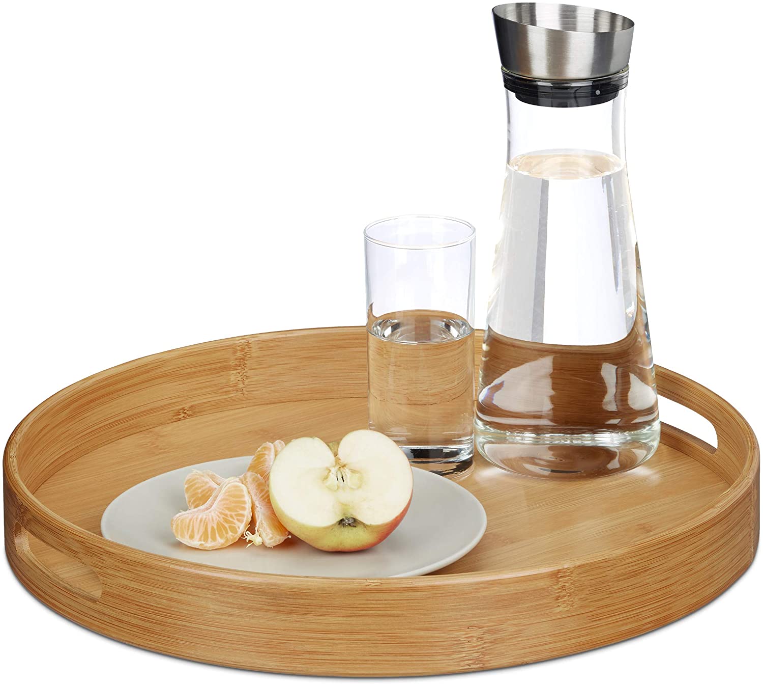 Relaxdays Serving tray bamboo round, raised edge, catering tray, handle holes, H x W x D: 5 x 38.5 x 38.5 cm, wood, natural