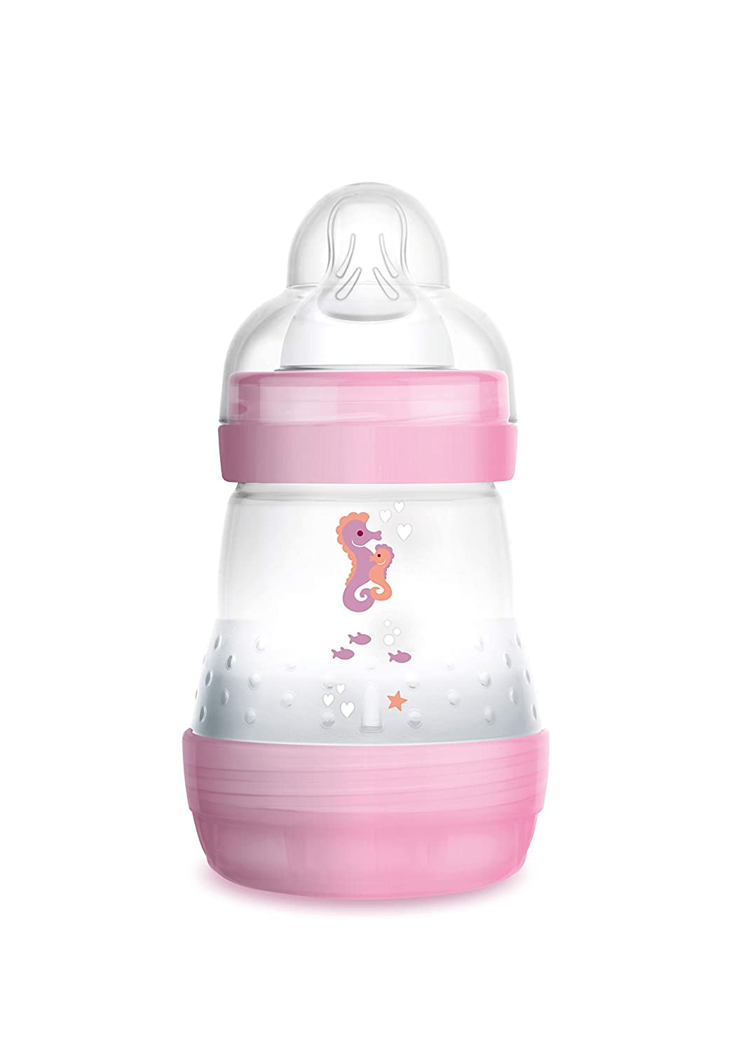 MAM Easy Start anti-colic baby bottle (160 ml), milk bottle with innovative base valve to prevent colic, baby’s drinking bottle with size 1 teat, from birth, seahorse, pink