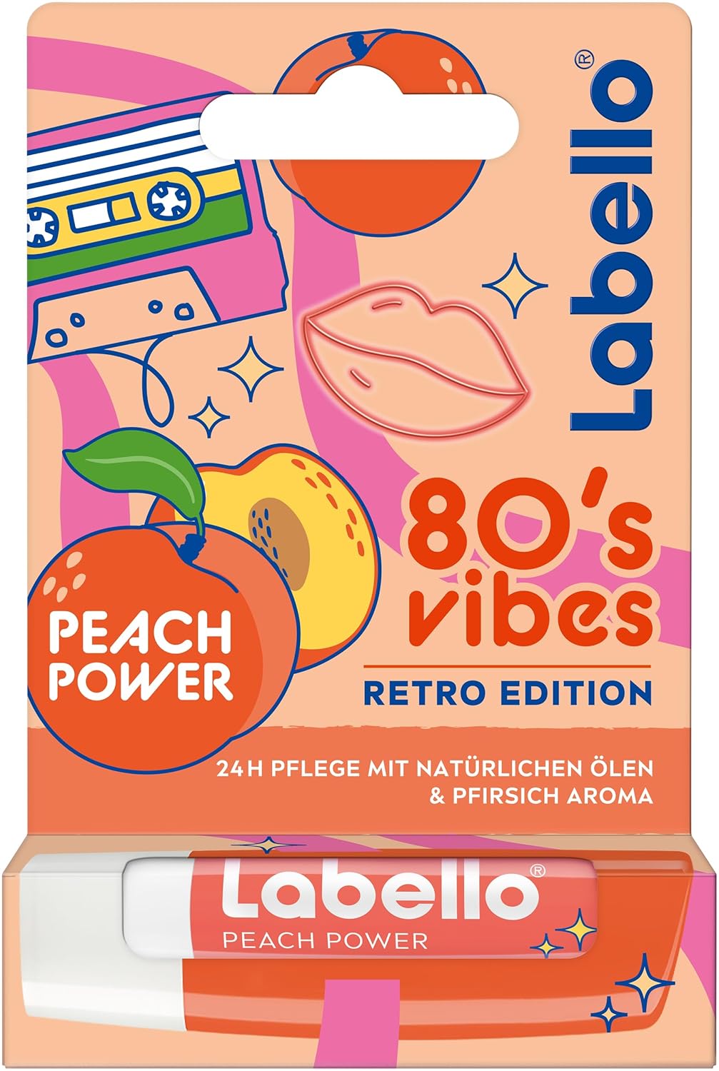 Labello Peach Power 80\'s Vibes Retro Edition, Scented Lip Balm with Natural Oils and Peach Flavor, Nourishing Lip Balm with Delicate Shine (4.8 g)