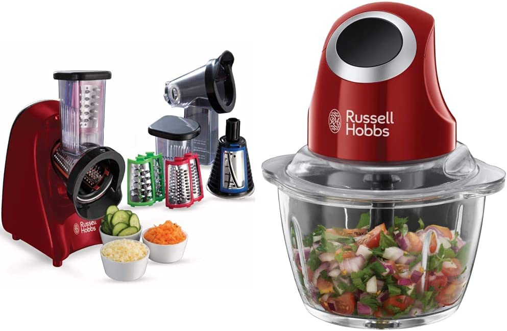 Russell Hobbs Desire Slice & Go (3 Grating Inserts: Coarse & Fine, Slicer), 200 W and Mini Chopper Desire, One-Hand Operating Button, 500 ml Glass Container incl. Lid, Vegetable Chopper