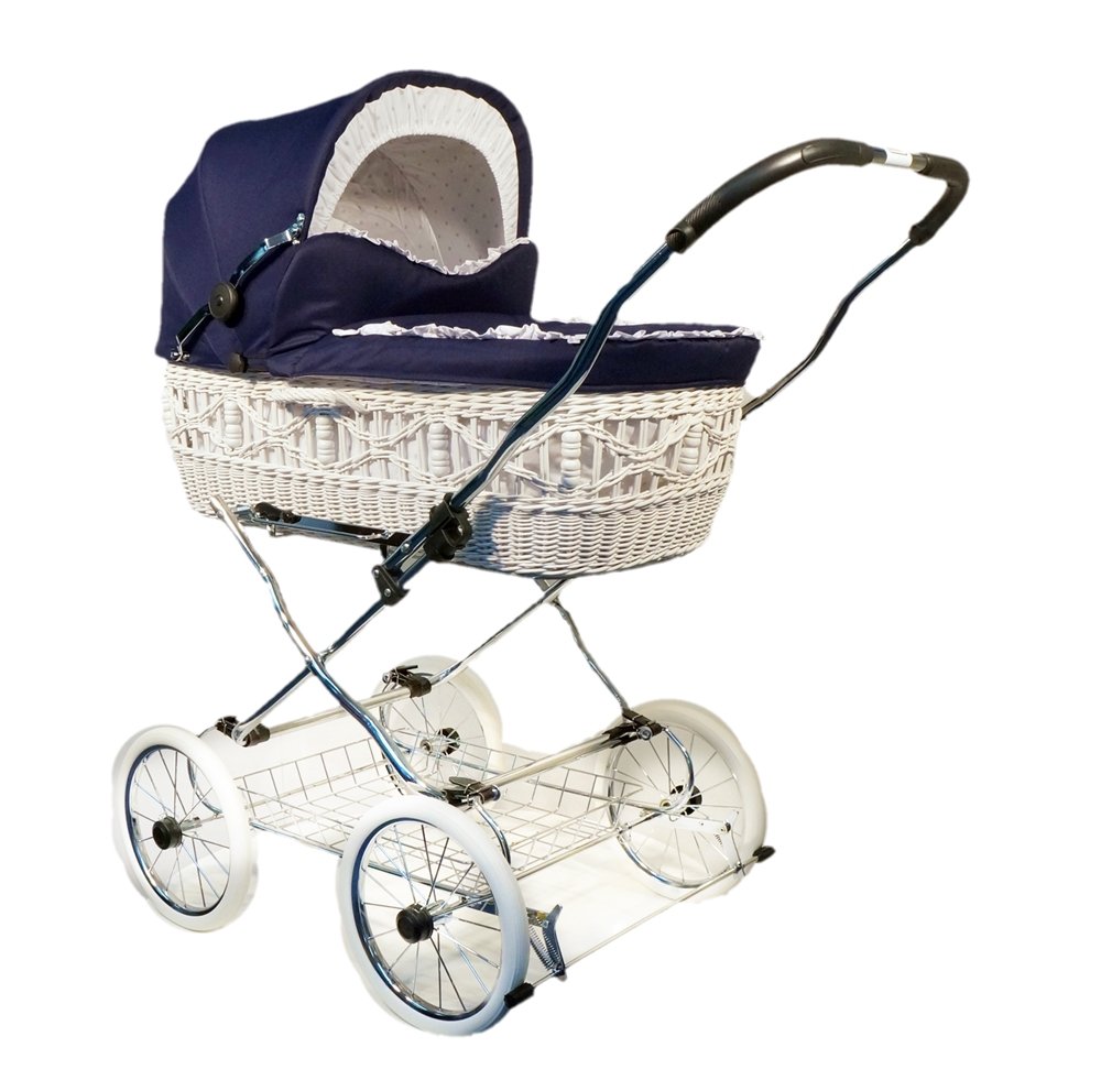 EICHHORN Wicker Basket Pram Basket White Fabric Navy Large Surface Soft Sprung Includes Mattress and Rain Cover