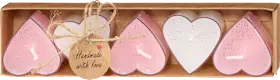 Tea lights, heart shape, glittered, 5 pcs