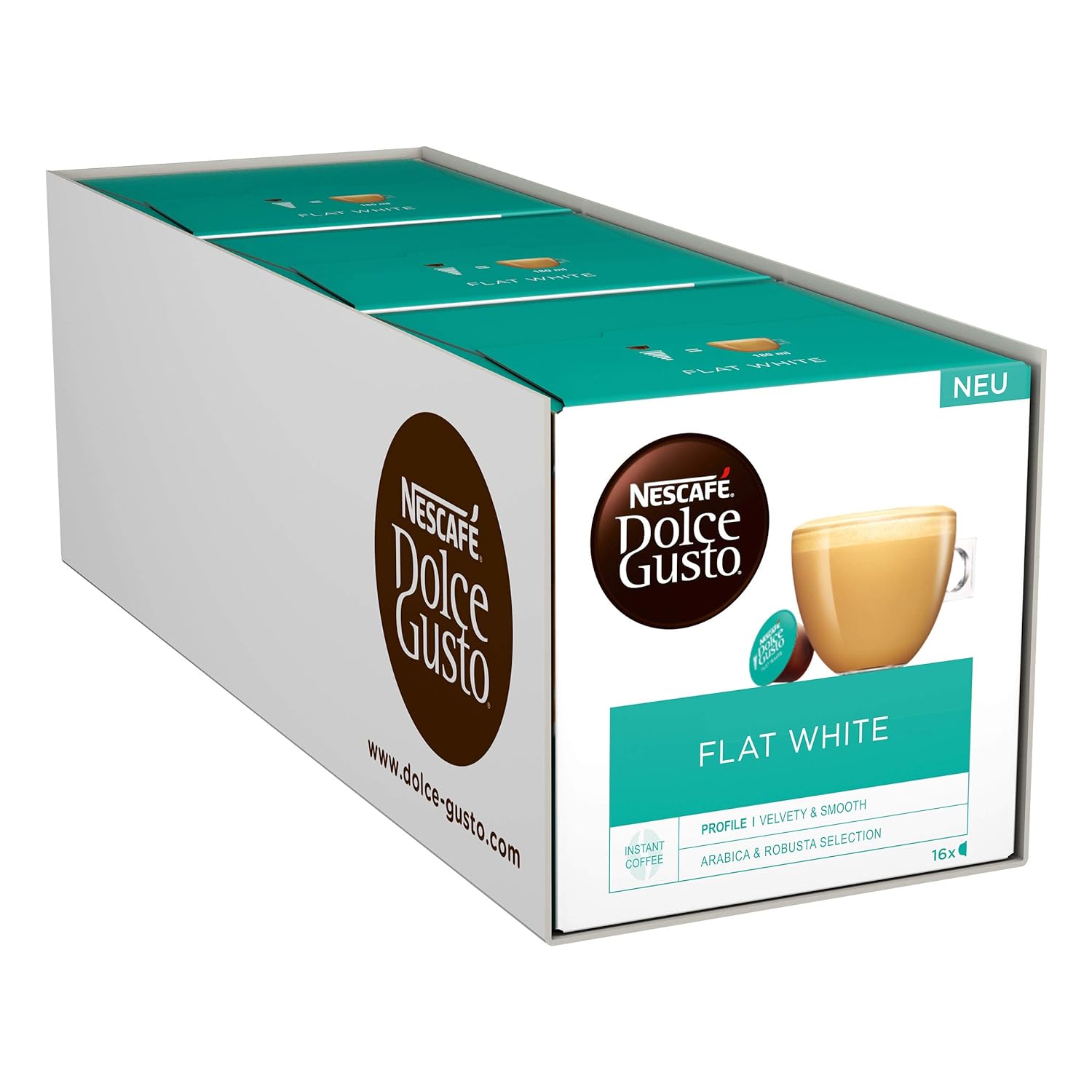 NESCAFÉ Dolce Gusto Flat White | 48 coffee capsules | Arabica and Robusta beans | Creamy-Milky Enjoyment | Coffee creation | Coffee shop trend | Aroma-sealed capsules (3 x 16 capsules)