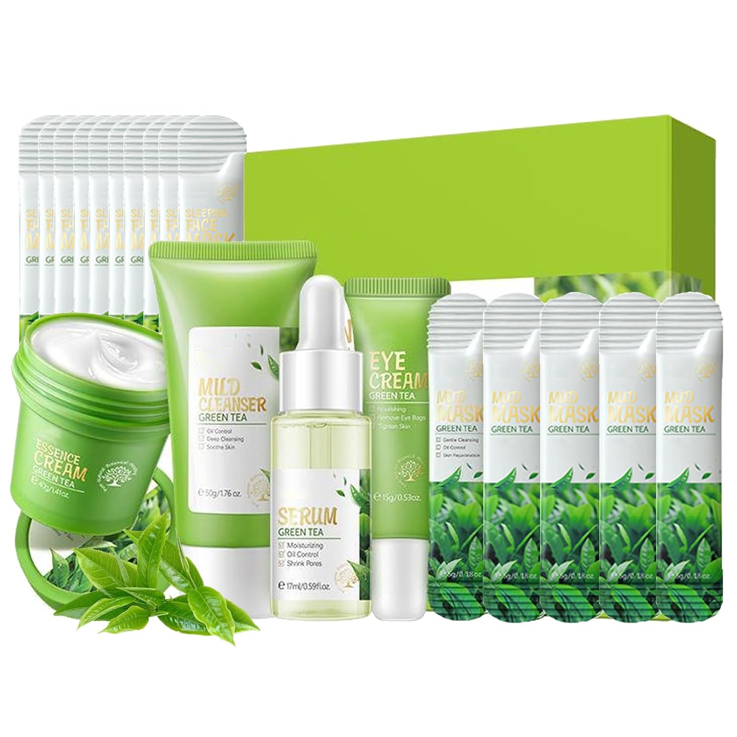 Skincare Set for Teenage Girls, Face Care Set for Cleansing and Moisture, Green Tea Gift Set, Skin Care Set with Cleanser, Eye Cream, Serum, Cream, Face Mask