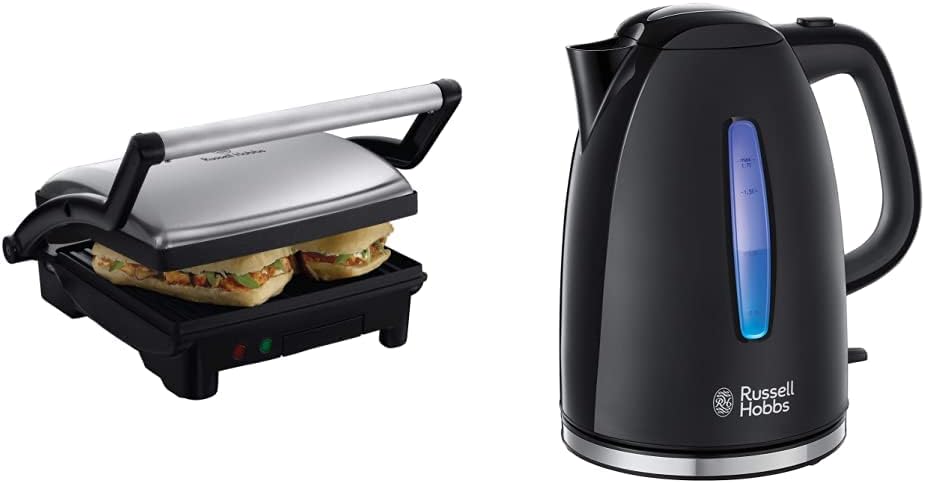 Russell Hobbs Contact Grill [3-in-1: Table Grill, Open Grill Plates, Panini & Sandwich Maker & Kettle [1.7 L, 2400 W, Blue LED Lighting] Textures + Tea Maker 22591-70