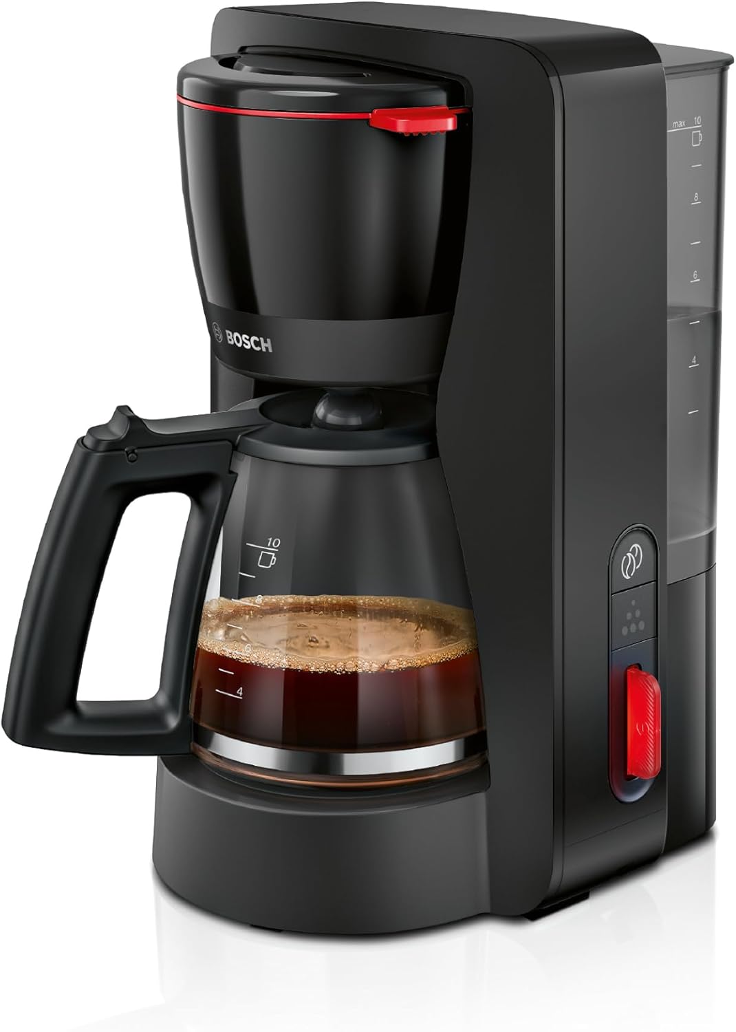 Bosch MyMoment TKA3M133 Filter Coffee Machine, Glass Jug 1.25 L, for 10-15 Cups, 60 Minute Warming Function, Drip Stop, Swivelling Filter Carrier, Descaling Program, 1200 Watt, Matte Black