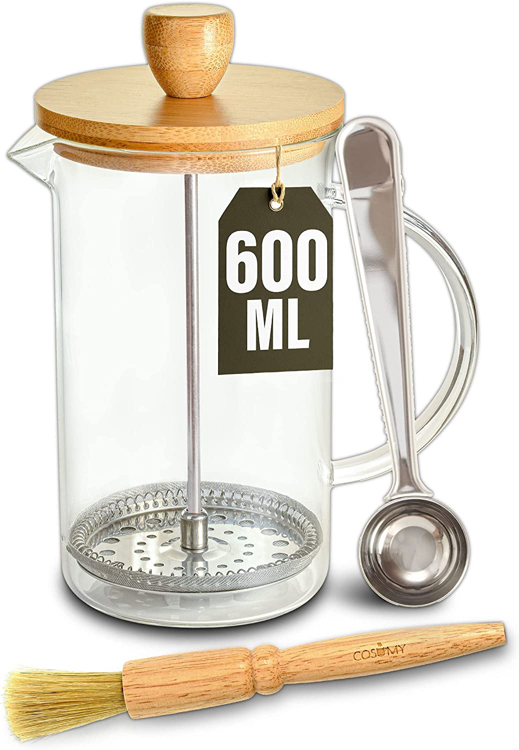 Cosumy French Press Glass (0.6 Litres) - Coffee Maker for 2 Cups of Coffee - With Dosing Spoon and Cleaning Brush